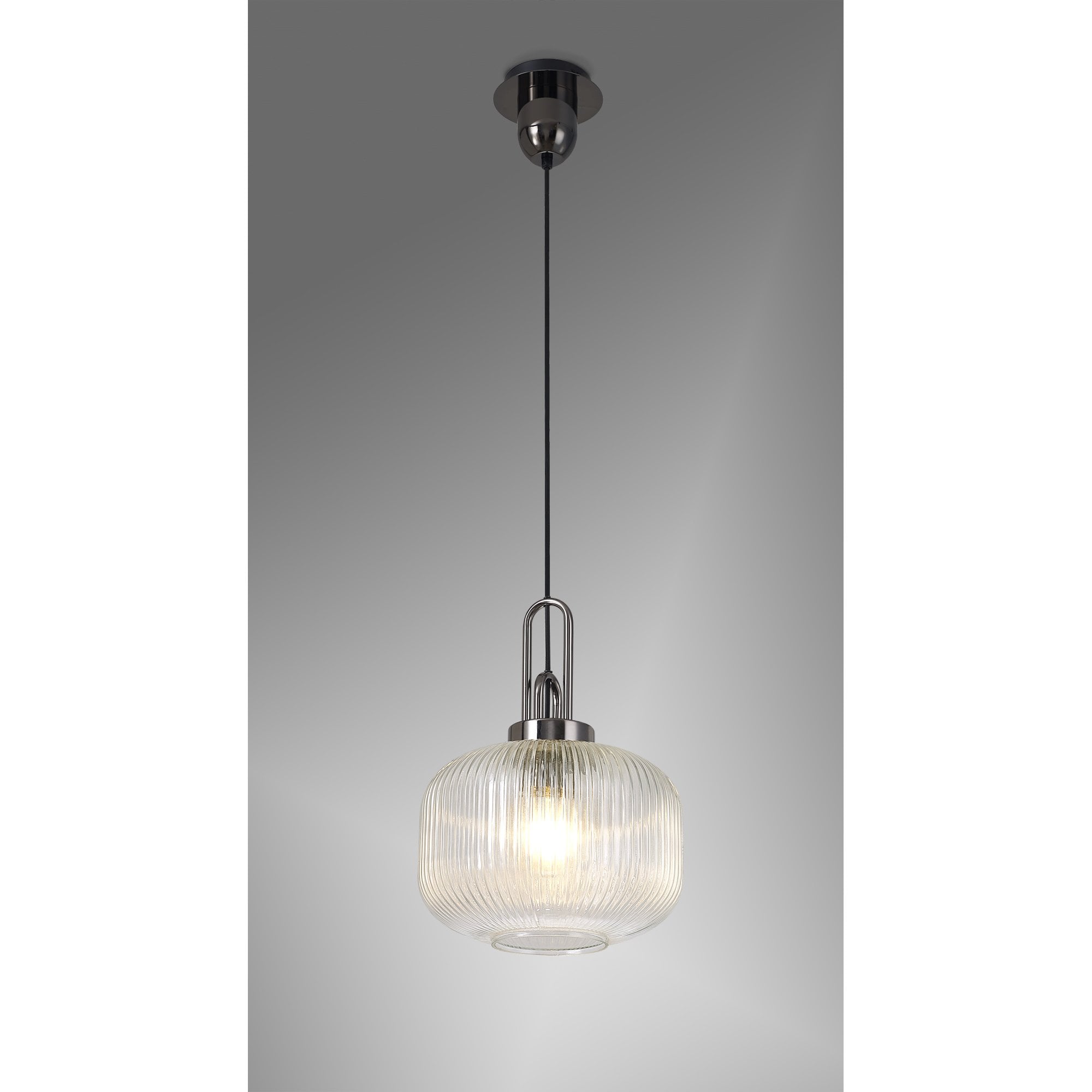 Fabula Springfield Single Pendant - 30cm Pumpkin Shaped Ribbed Glass Shade - Black Chrome & Clear Glass