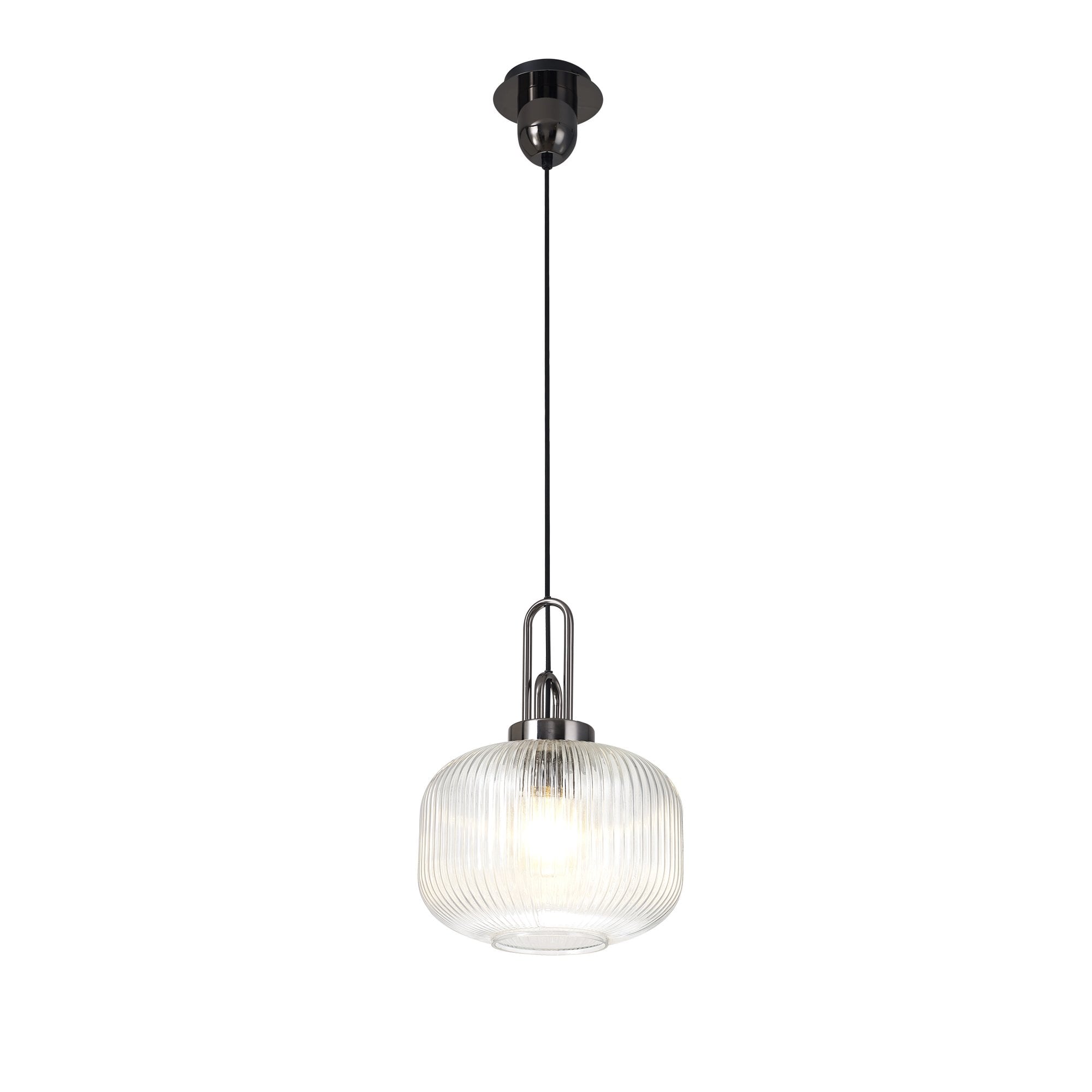 Fabula Springfield Single Pendant - 30cm Pumpkin Shaped Ribbed Glass Shade - Black Chrome & Clear Glass