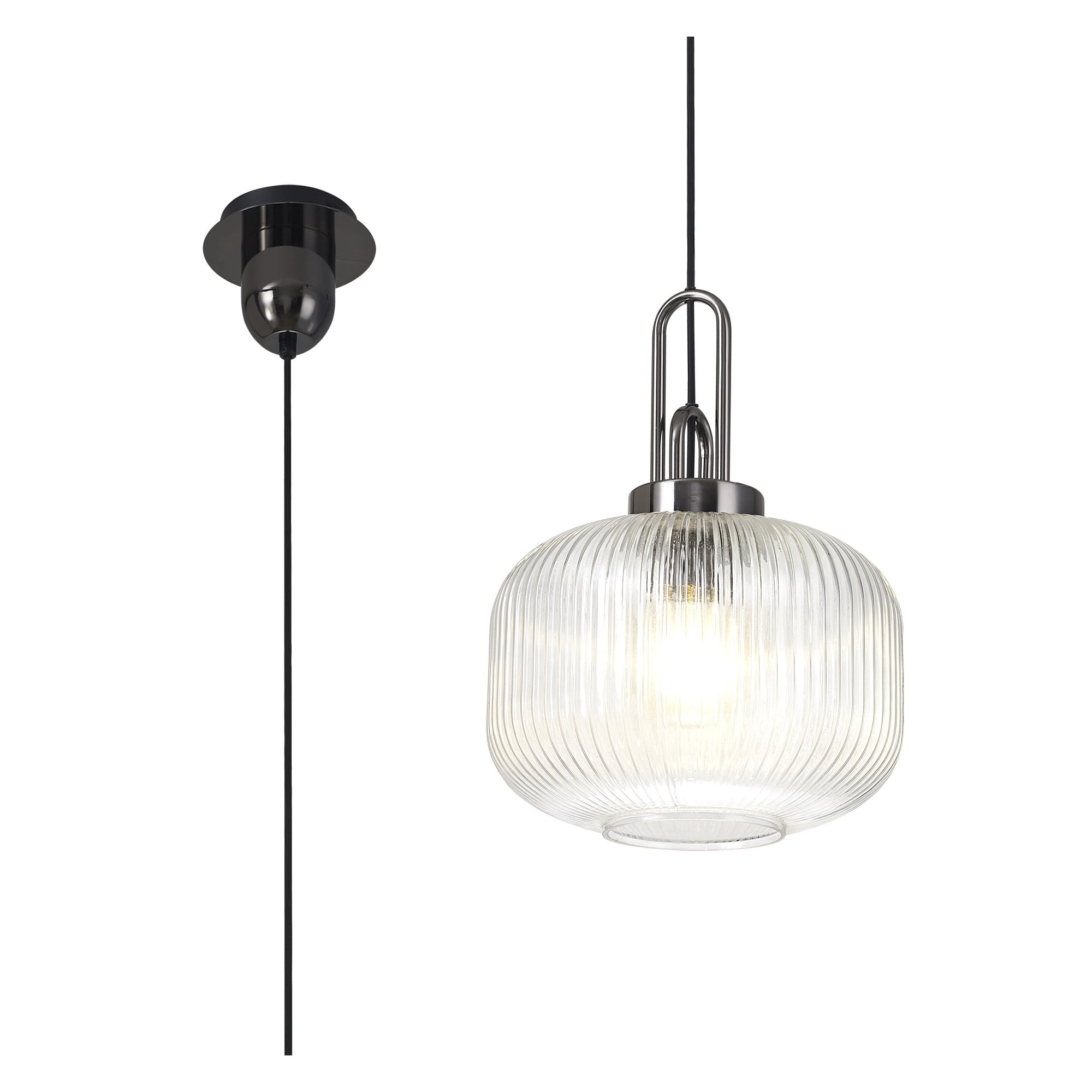 Fabula Springfield Single Pendant - 30cm Pumpkin Shaped Ribbed Glass Shade - Black Chrome & Clear Glass