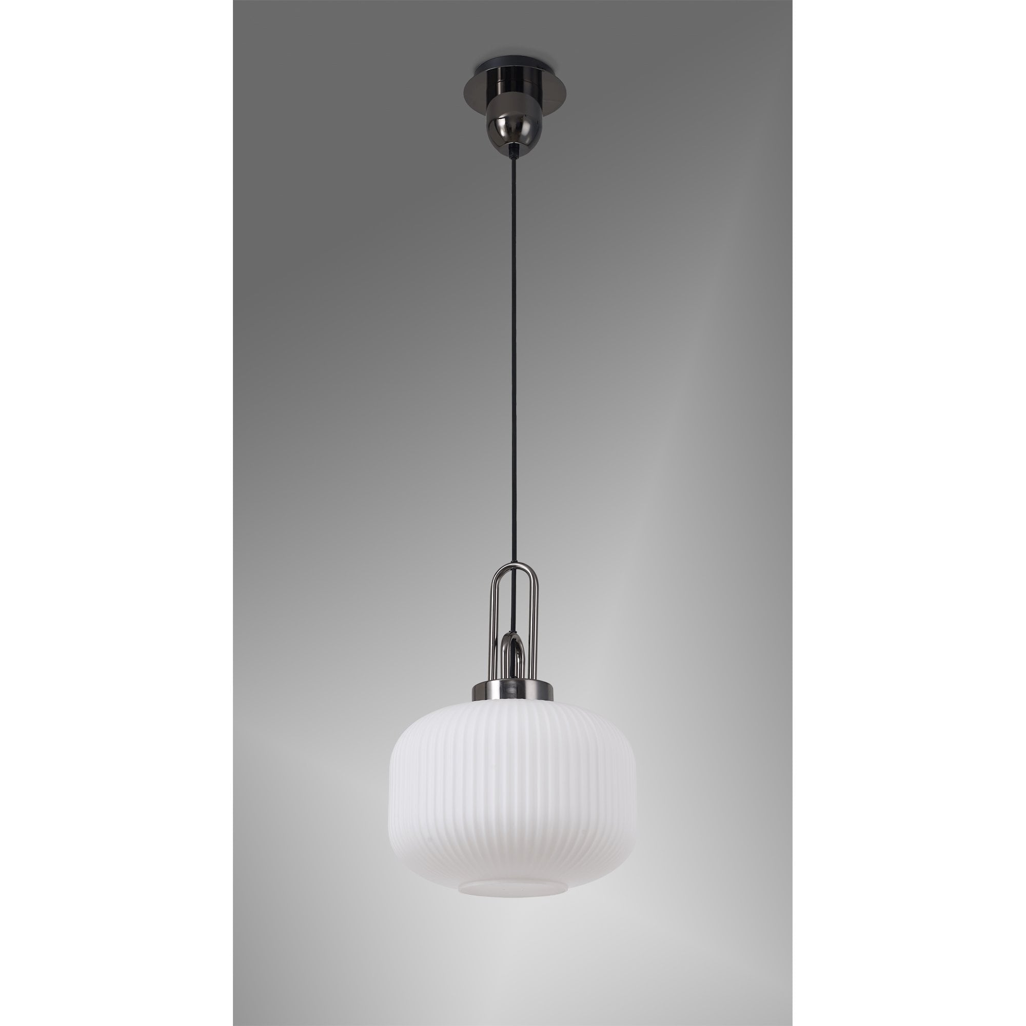 Fabula Springfield Single Pendant - 30cm Pumpkin Shaped Ribbed Glass Shade - Black Chrome & Opal Glass