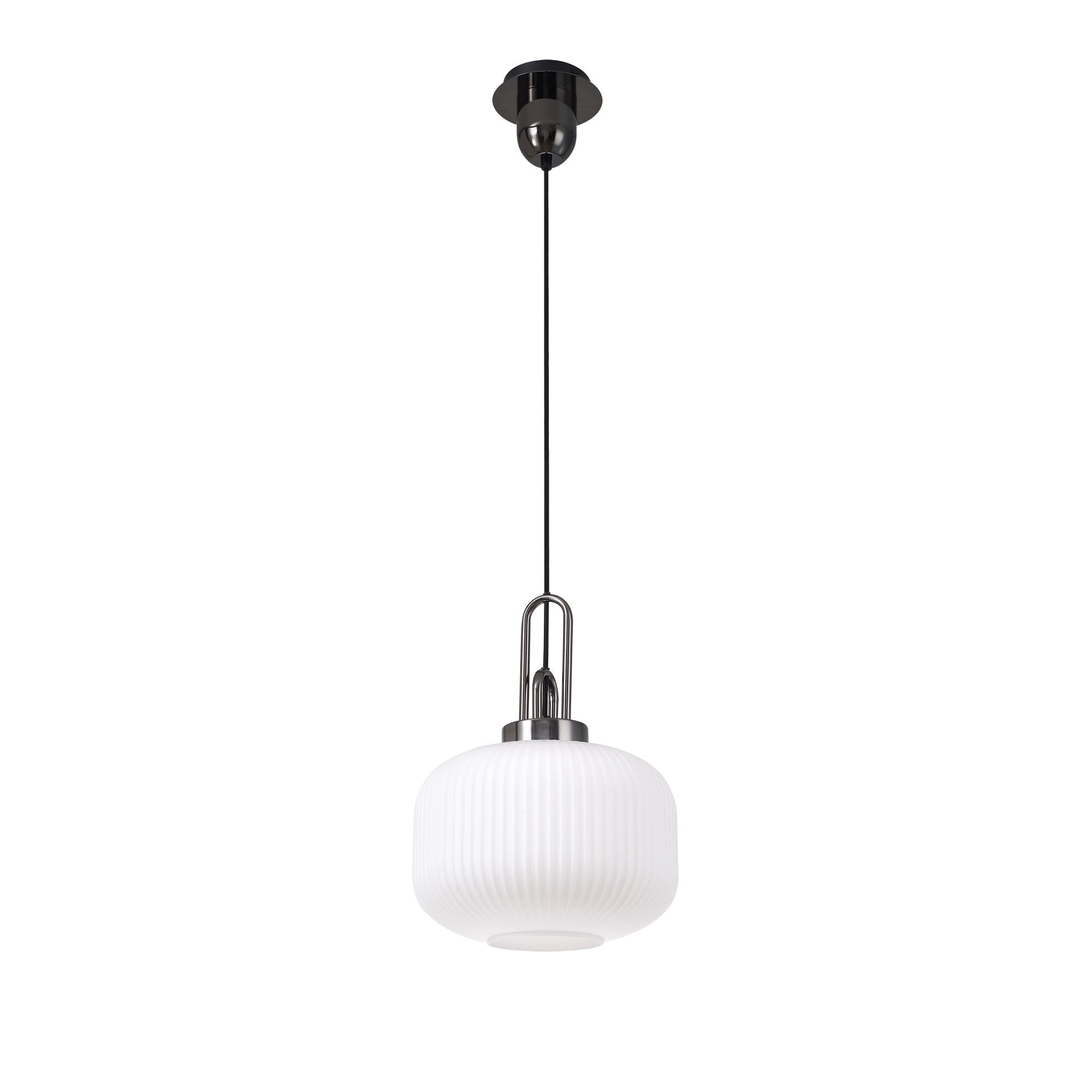Fabula Springfield Single Pendant - 30cm Pumpkin Shaped Ribbed Glass Shade - Black Chrome & Opal Glass