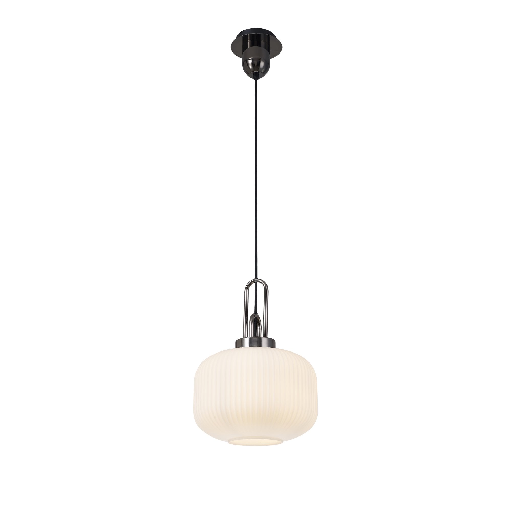 Fabula Springfield Single Pendant - 30cm Pumpkin Shaped Ribbed Glass Shade - Black Chrome & Opal Glass