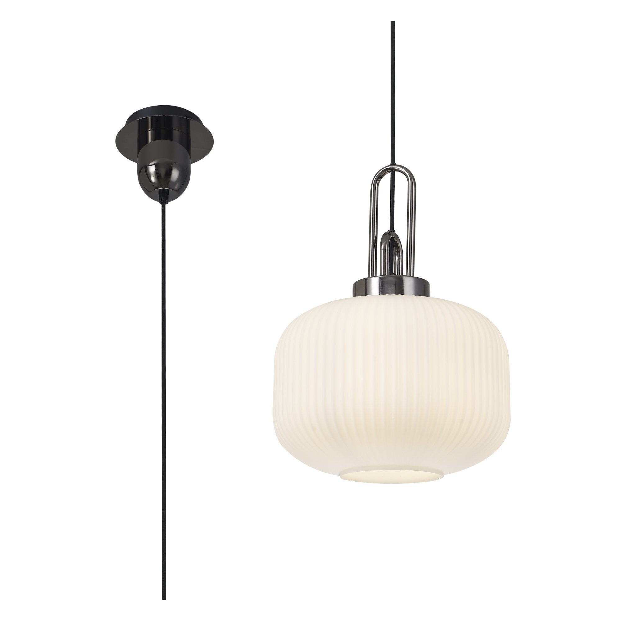 Fabula Springfield Single Pendant - 30cm Pumpkin Shaped Ribbed Glass Shade - Black Chrome & Opal Glass