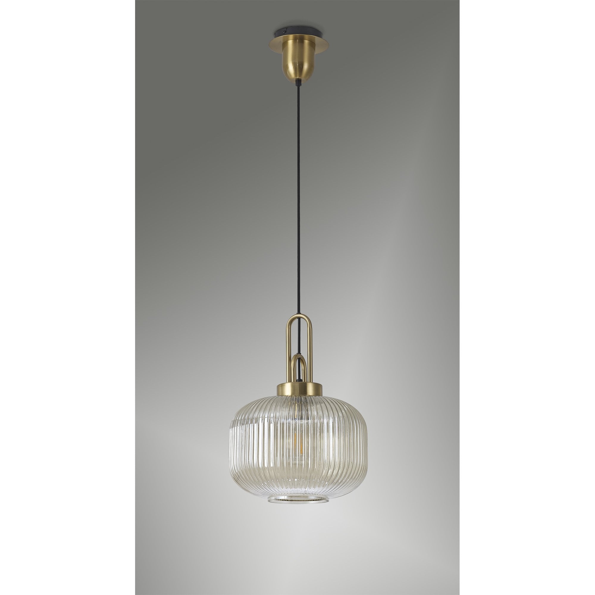 Fabula Springfield Single Pendant - 30cm Pumpkin Shaped Ribbed Glass Shade - Brass Gold & Champagne Glass