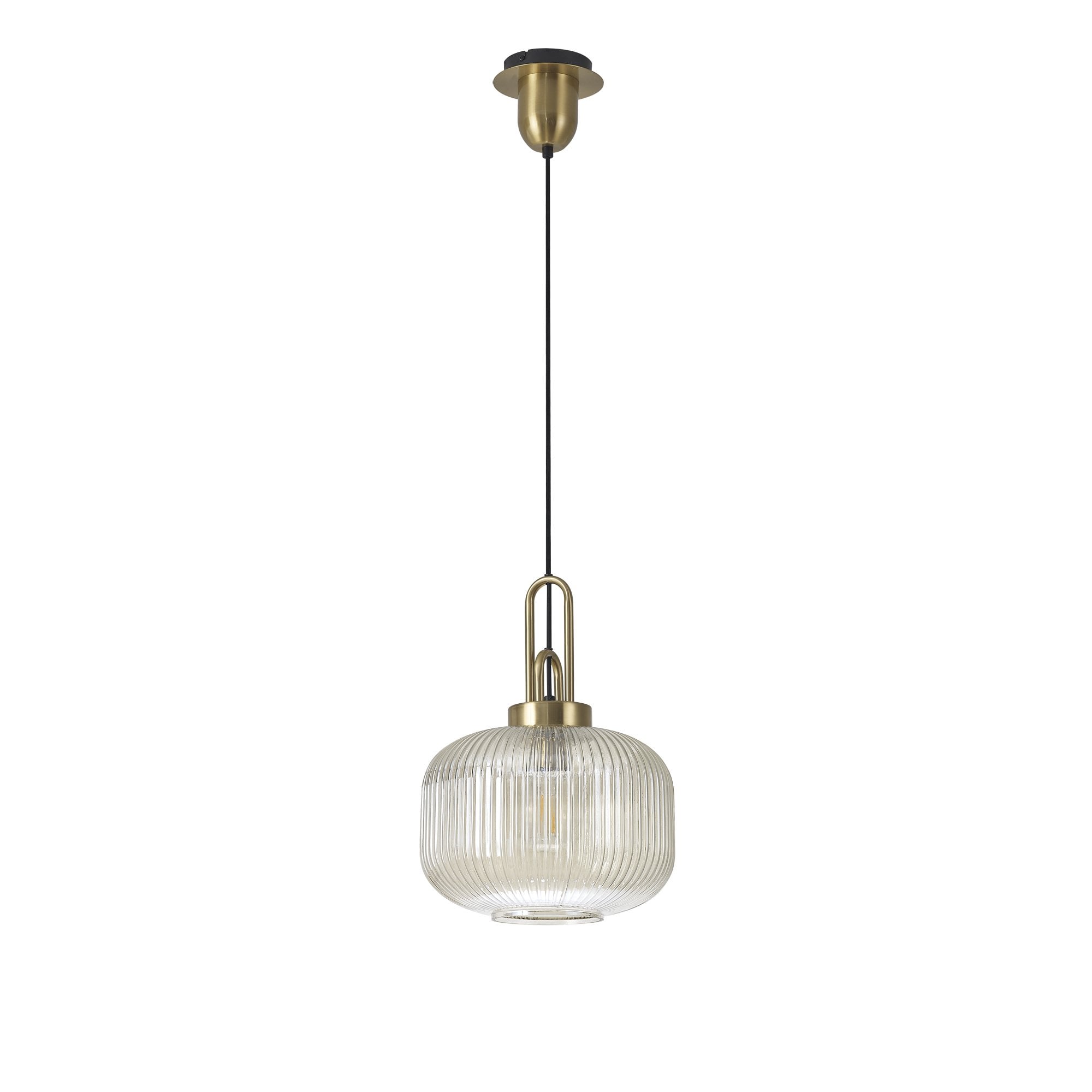 Fabula Springfield Single Pendant - 30cm Pumpkin Shaped Ribbed Glass Shade - Brass Gold & Champagne Glass