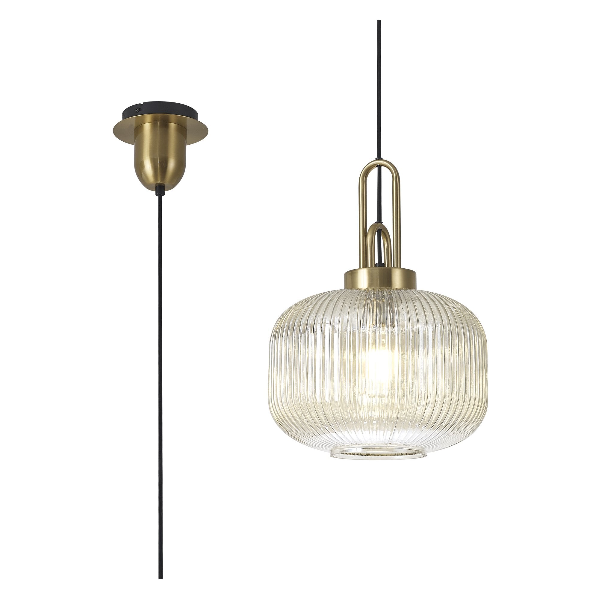 Fabula Springfield Single Pendant - 30cm Pumpkin Shaped Ribbed Glass Shade - Brass Gold & Champagne Glass