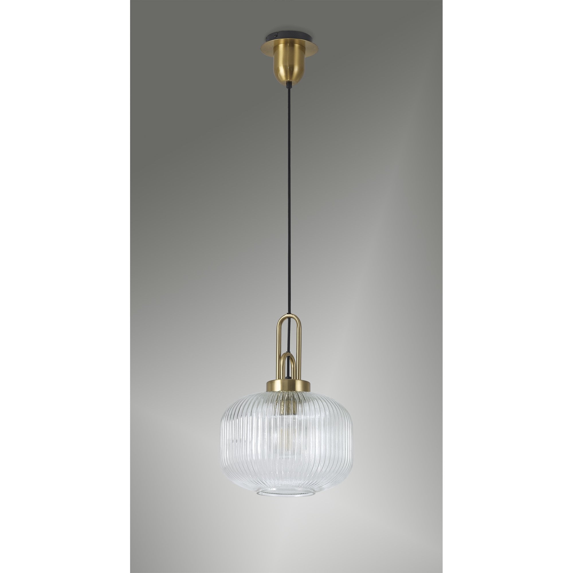 Fabula Springfield Single Pendant - 30cm Pumpkin Shaped Ribbed Glass Shade - Brass Gold & Clear Glass