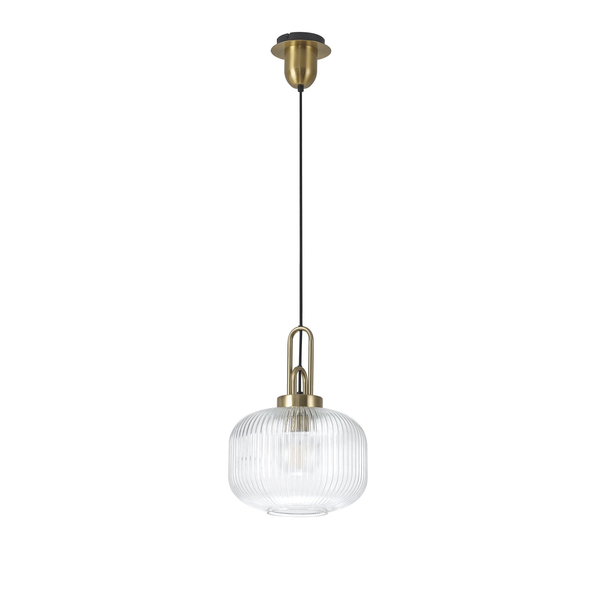 Fabula Springfield Single Pendant - 30cm Pumpkin Shaped Ribbed Glass Shade - Brass Gold & Clear Glass