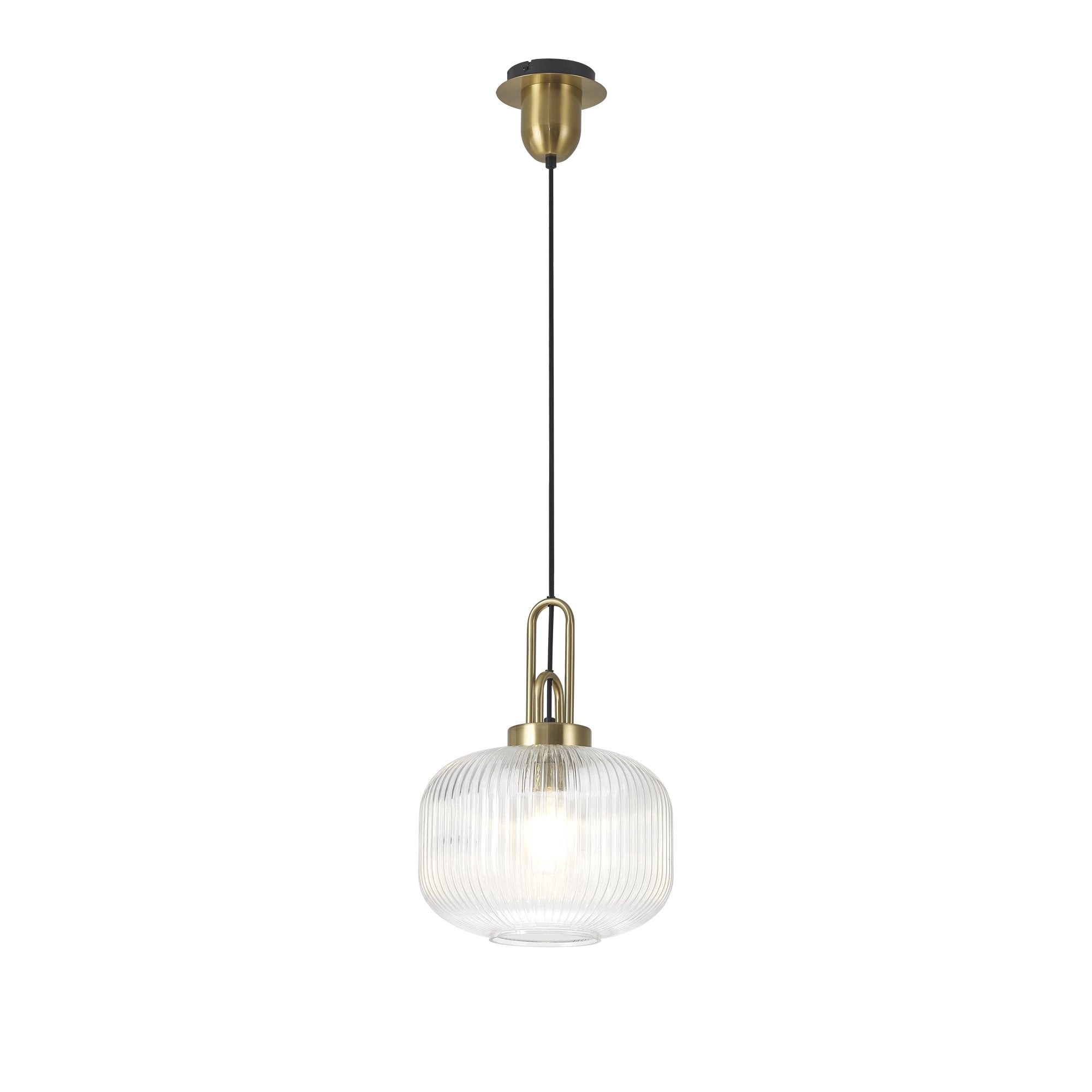 Fabula Springfield Single Pendant - 30cm Pumpkin Shaped Ribbed Glass Shade - Brass Gold & Clear Glass