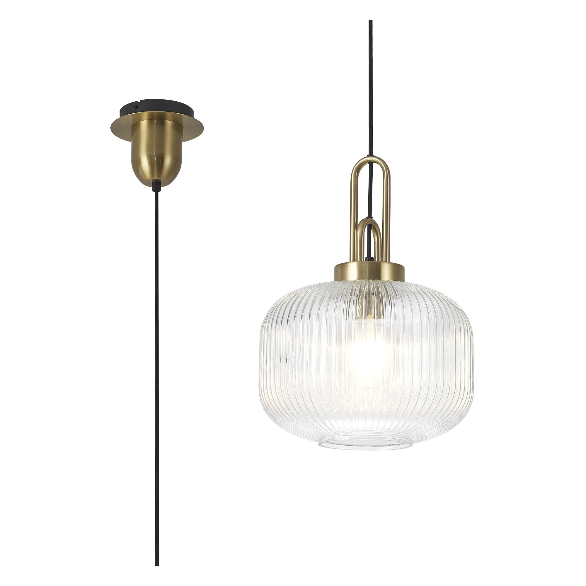 Fabula Springfield Single Pendant - 30cm Pumpkin Shaped Ribbed Glass Shade - Brass Gold & Clear Glass
