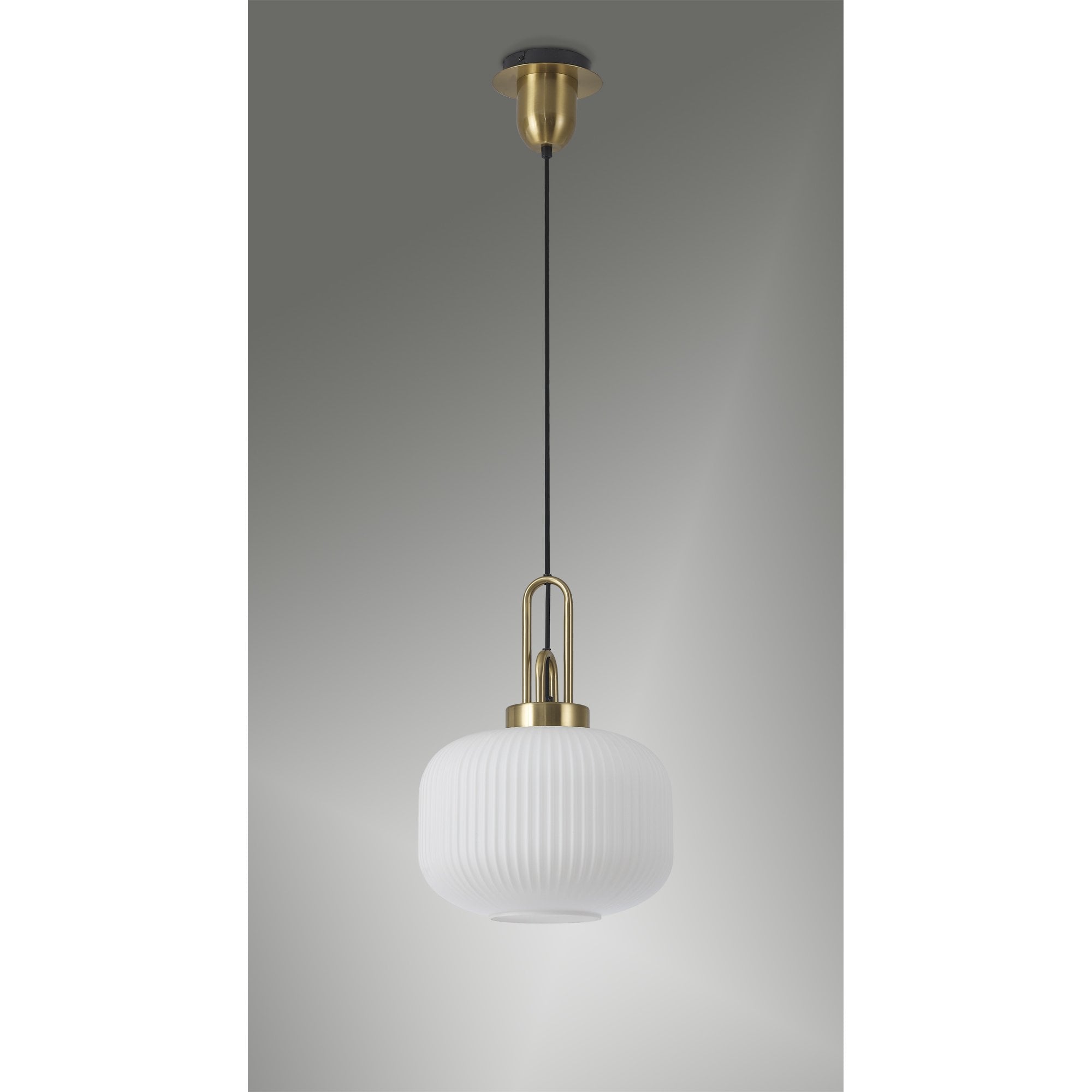 Fabula Springfield Single Pendant - 30cm Pumpkin Shaped Ribbed Glass Shade - Brass Gold & Opal Glass