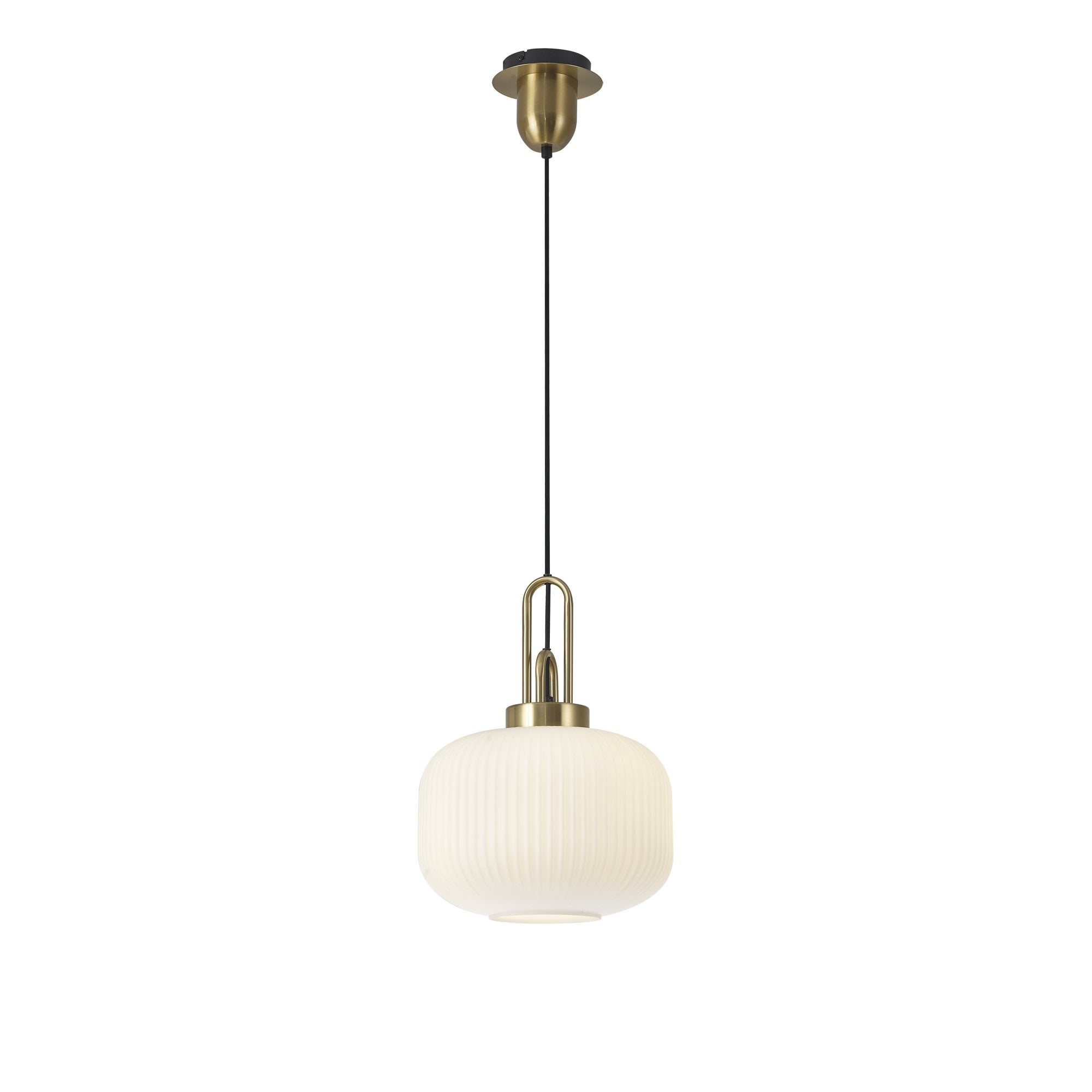 Fabula Springfield Single Pendant - 30cm Pumpkin Shaped Ribbed Glass Shade - Brass Gold & Opal Glass