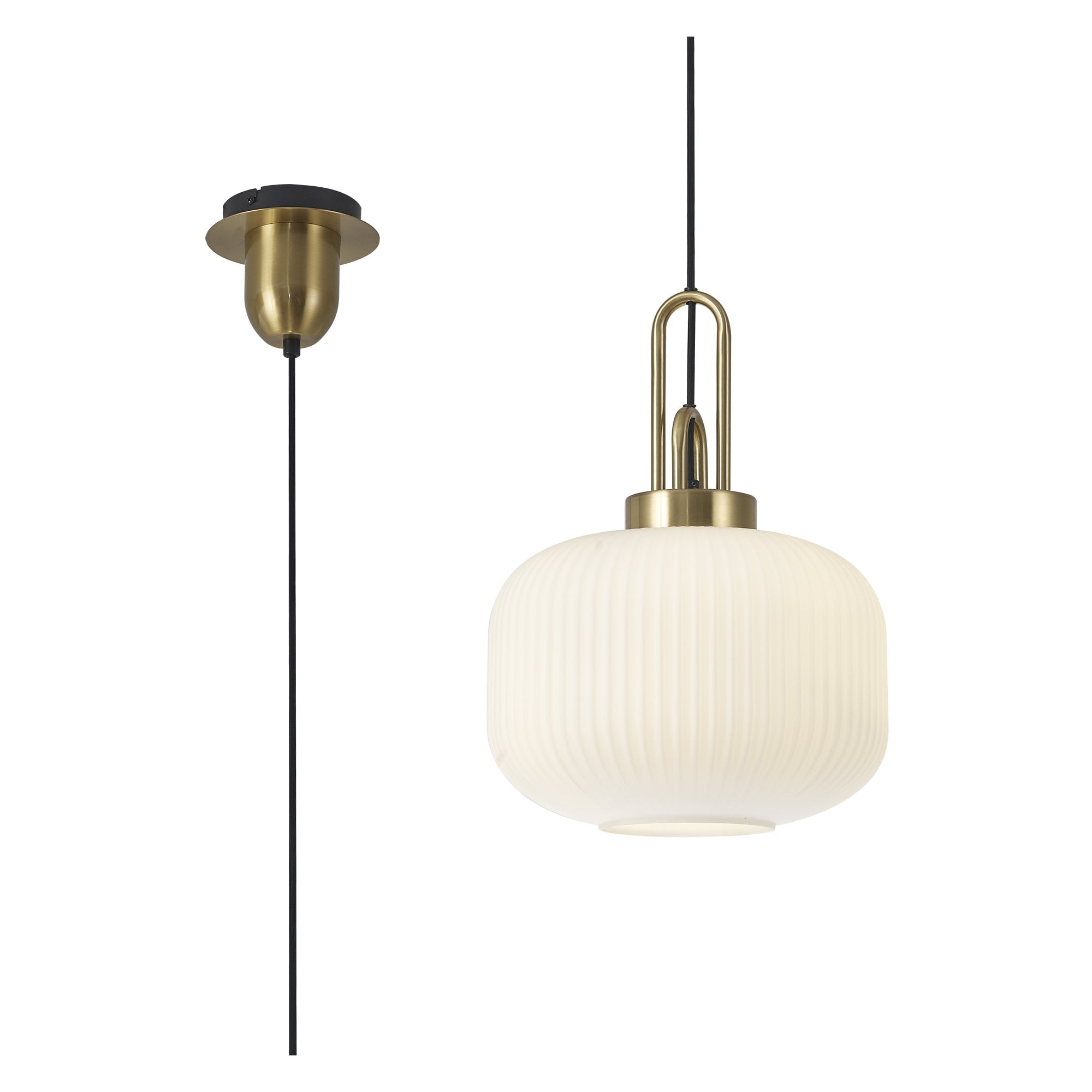 Fabula Springfield Single Pendant - 30cm Pumpkin Shaped Ribbed Glass Shade - Brass Gold & Opal Glass