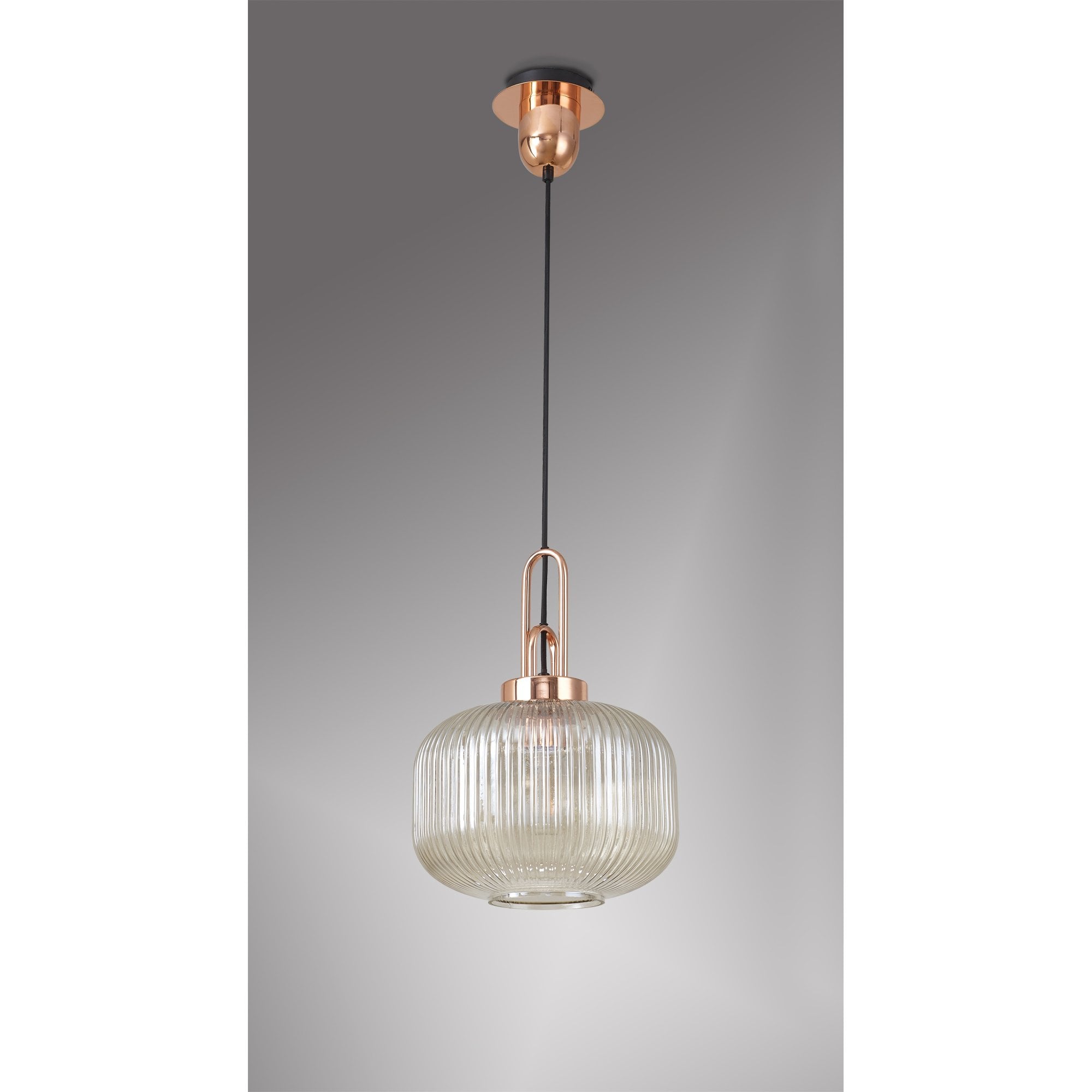 Fabula Springfield Single Pendant - 30cm Pumpkin Shaped Ribbed Glass Shade - Copper & Champagne Glass
