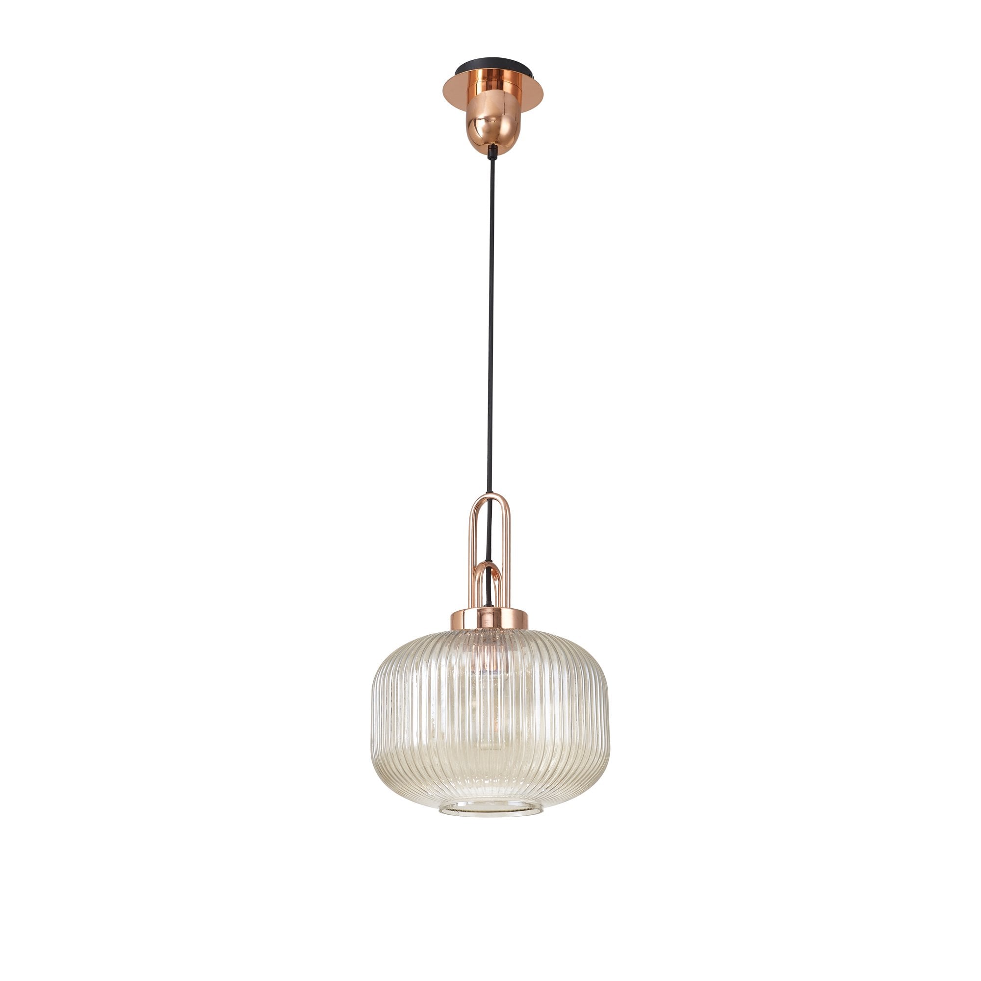 Fabula Springfield Single Pendant - 30cm Pumpkin Shaped Ribbed Glass Shade - Copper & Champagne Glass