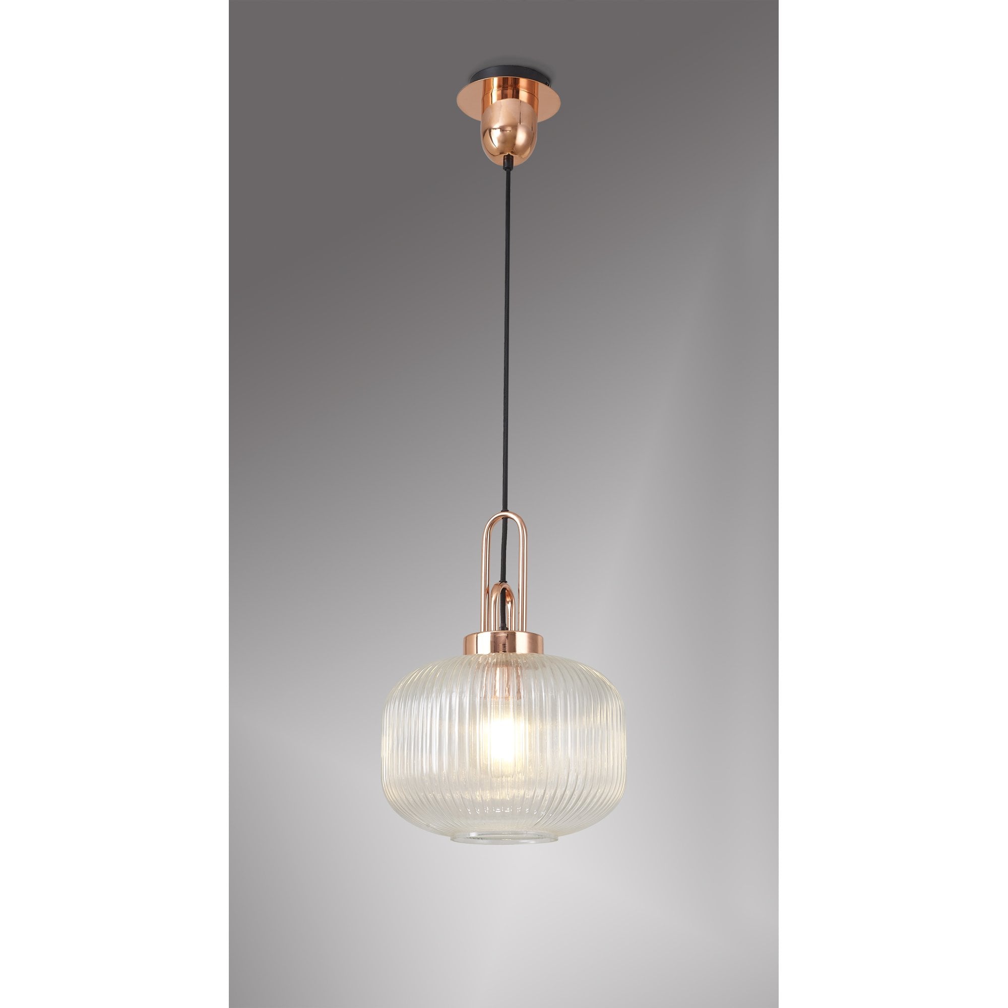 Fabula Springfield Single Pendant - 30cm Pumpkin Shaped Ribbed Glass Shade - Copper & Clear Glass