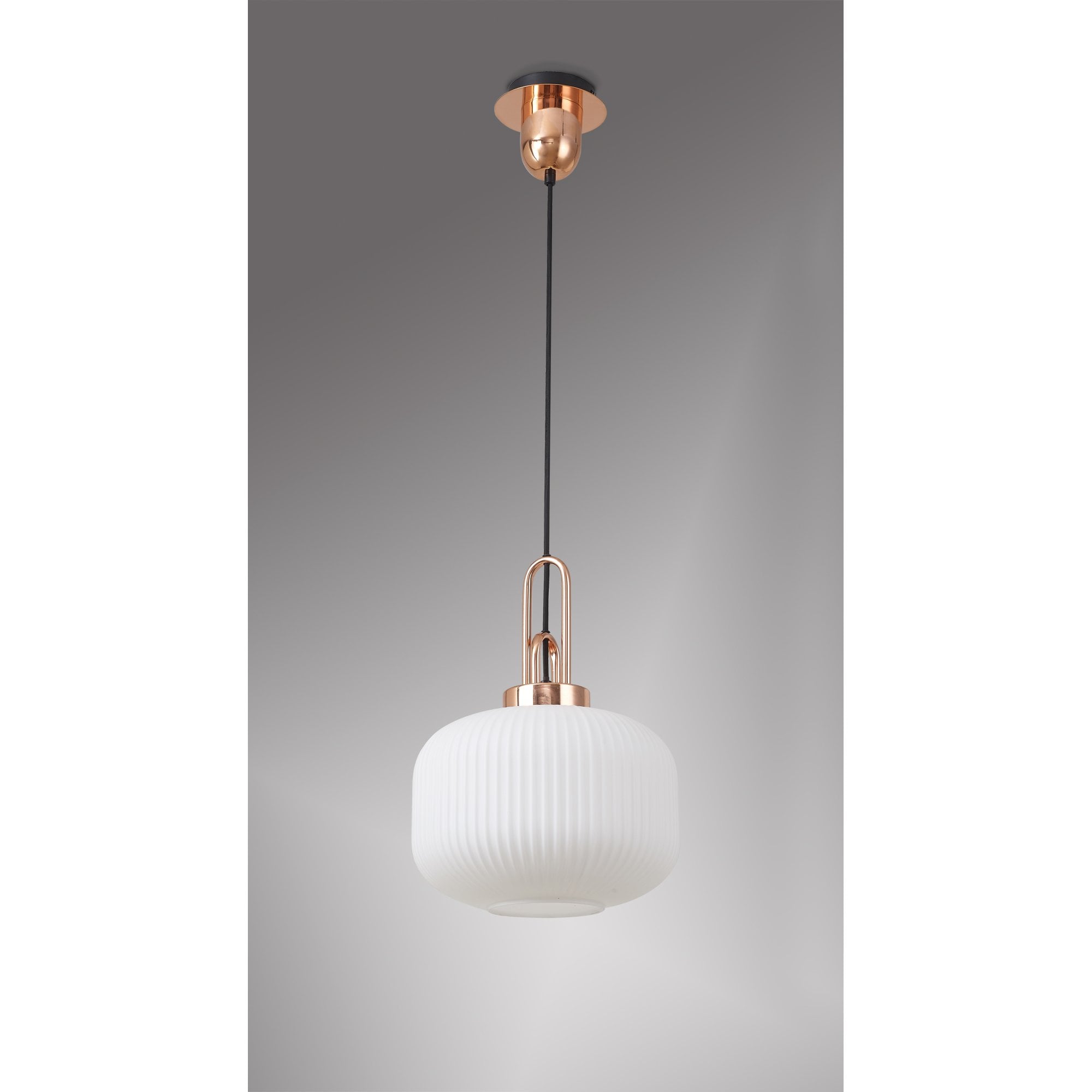 Fabula Springfield Single Pendant - 30cm Pumpkin Shaped Ribbed Glass Shade - Copper & Opal Glass