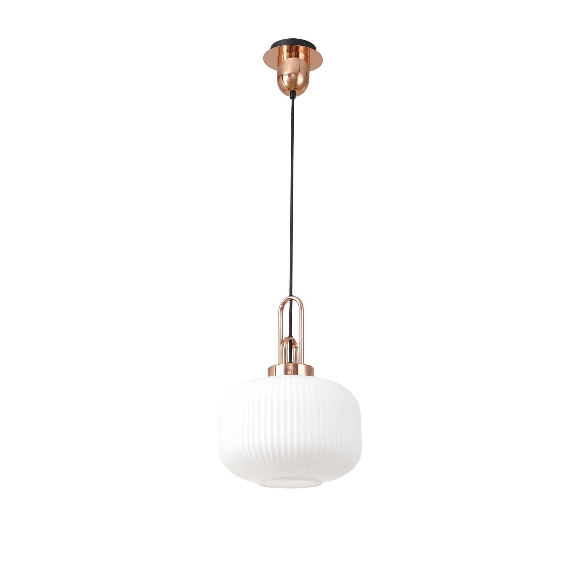 Fabula Springfield Single Pendant - 30cm Pumpkin Shaped Ribbed Glass Shade - Copper & Opal Glass