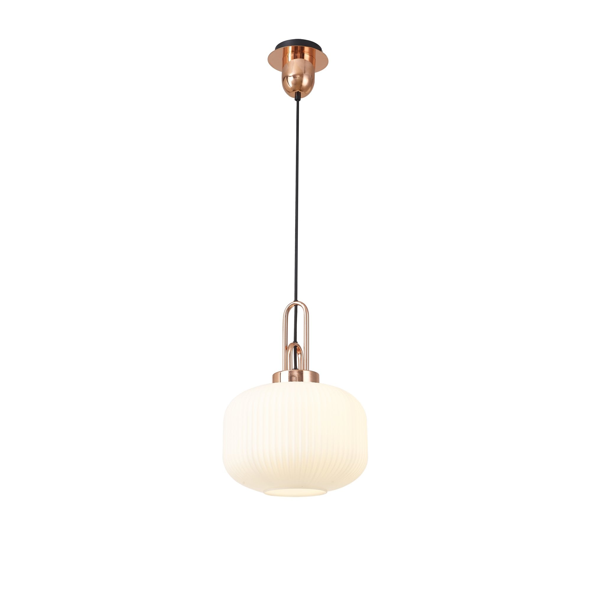 Fabula Springfield Single Pendant - 30cm Pumpkin Shaped Ribbed Glass Shade - Copper & Opal Glass