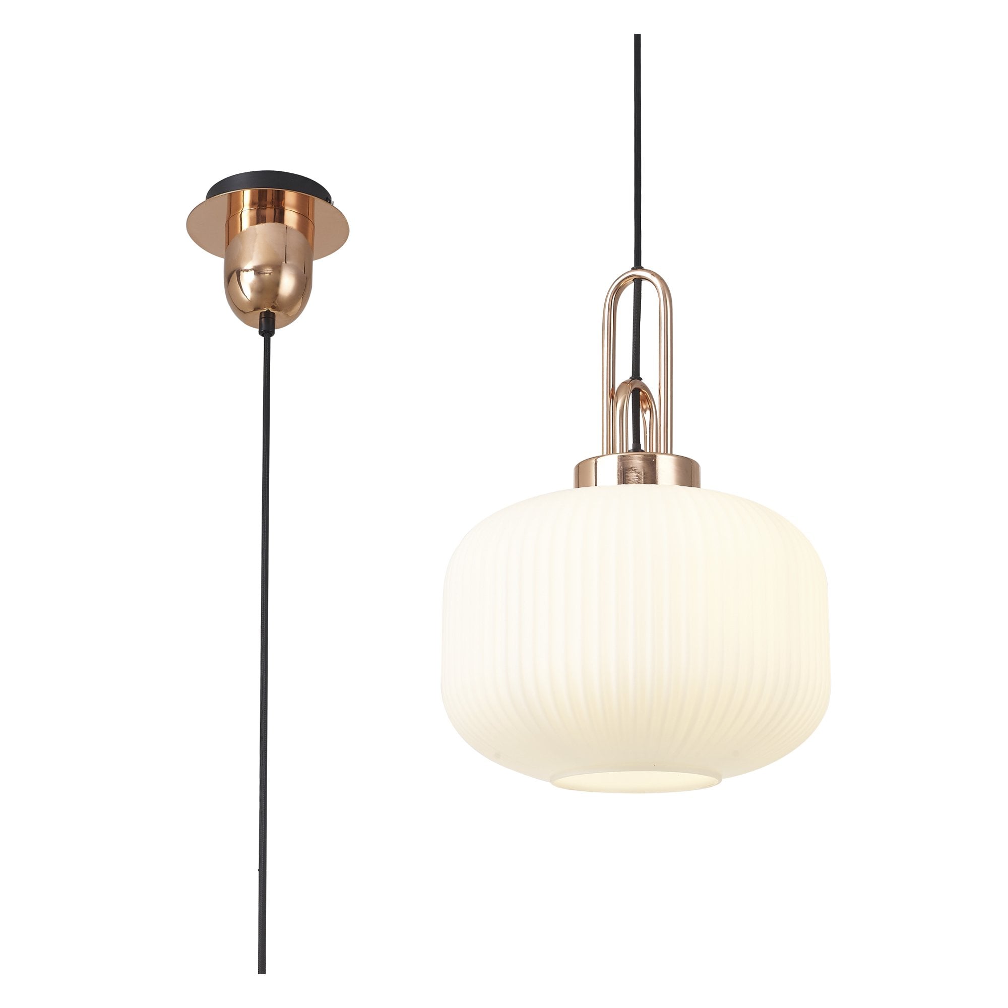 Fabula Springfield Single Pendant - 30cm Pumpkin Shaped Ribbed Glass Shade - Copper & Opal Glass