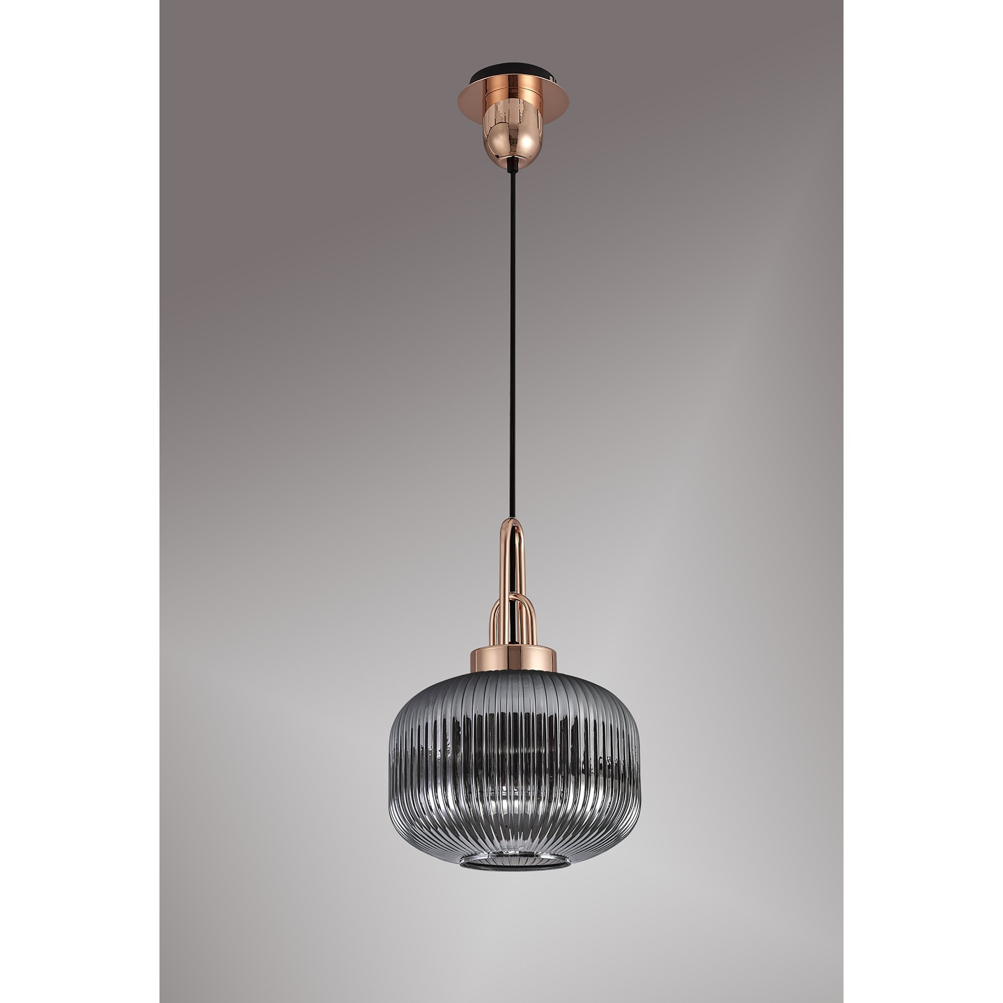 Fabula Springfield Single Pendant - 30cm Pumpkin Shaped Ribbed Glass Shade - Copper & Smoked Glass