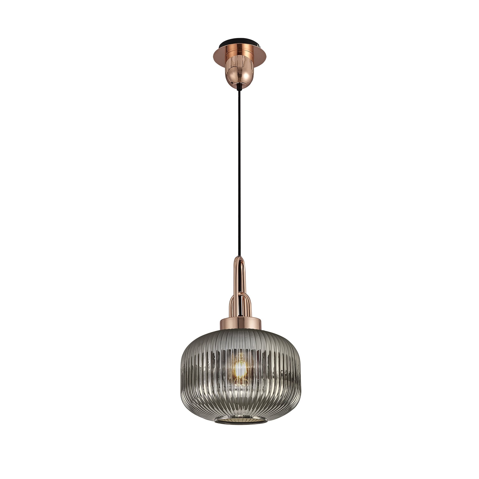 Fabula Springfield Single Pendant - 30cm Pumpkin Shaped Ribbed Glass Shade - Copper & Smoked Glass