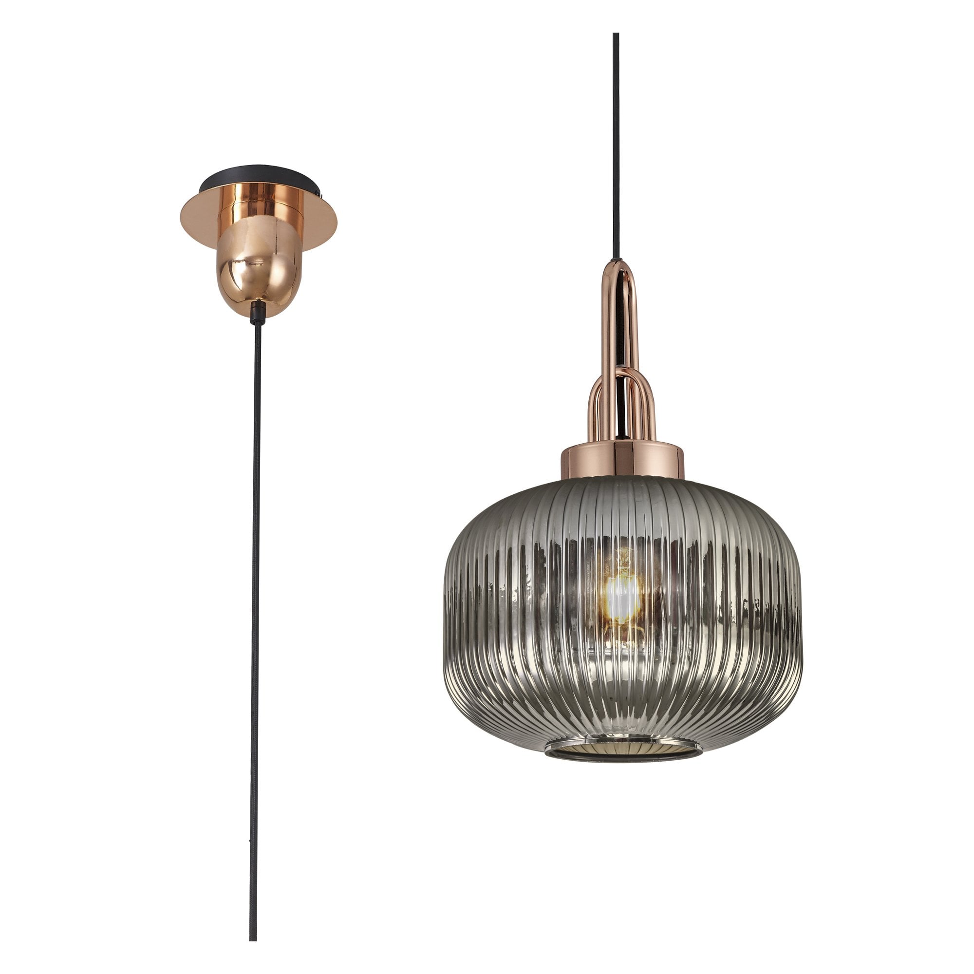 Fabula Springfield Single Pendant - 30cm Pumpkin Shaped Ribbed Glass Shade - Copper & Smoked Glass