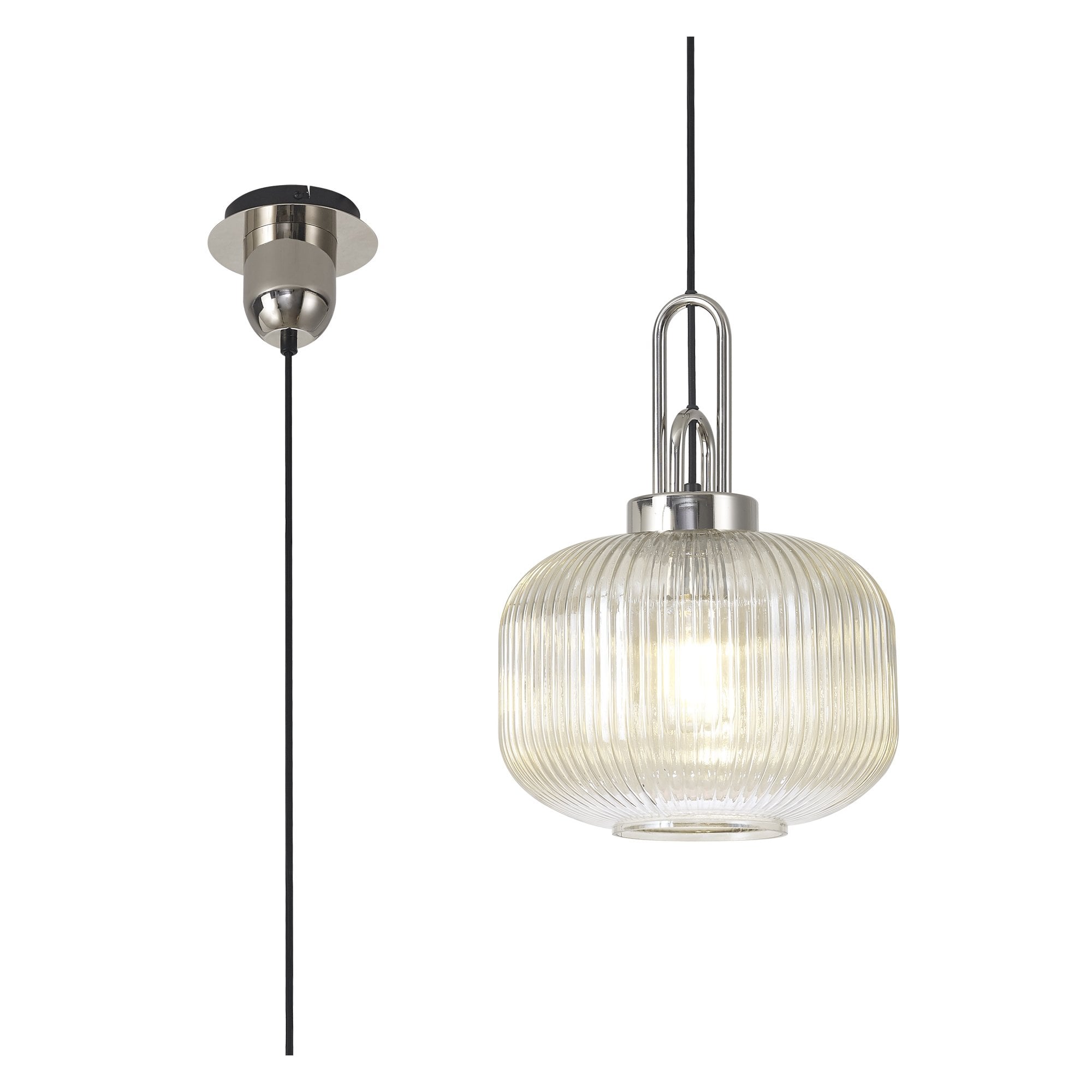 Fabula Springfield Single Pendant - 30cm Pumpkin Shaped Ribbed Glass Shade - Polished Nickel & Champagne Glass