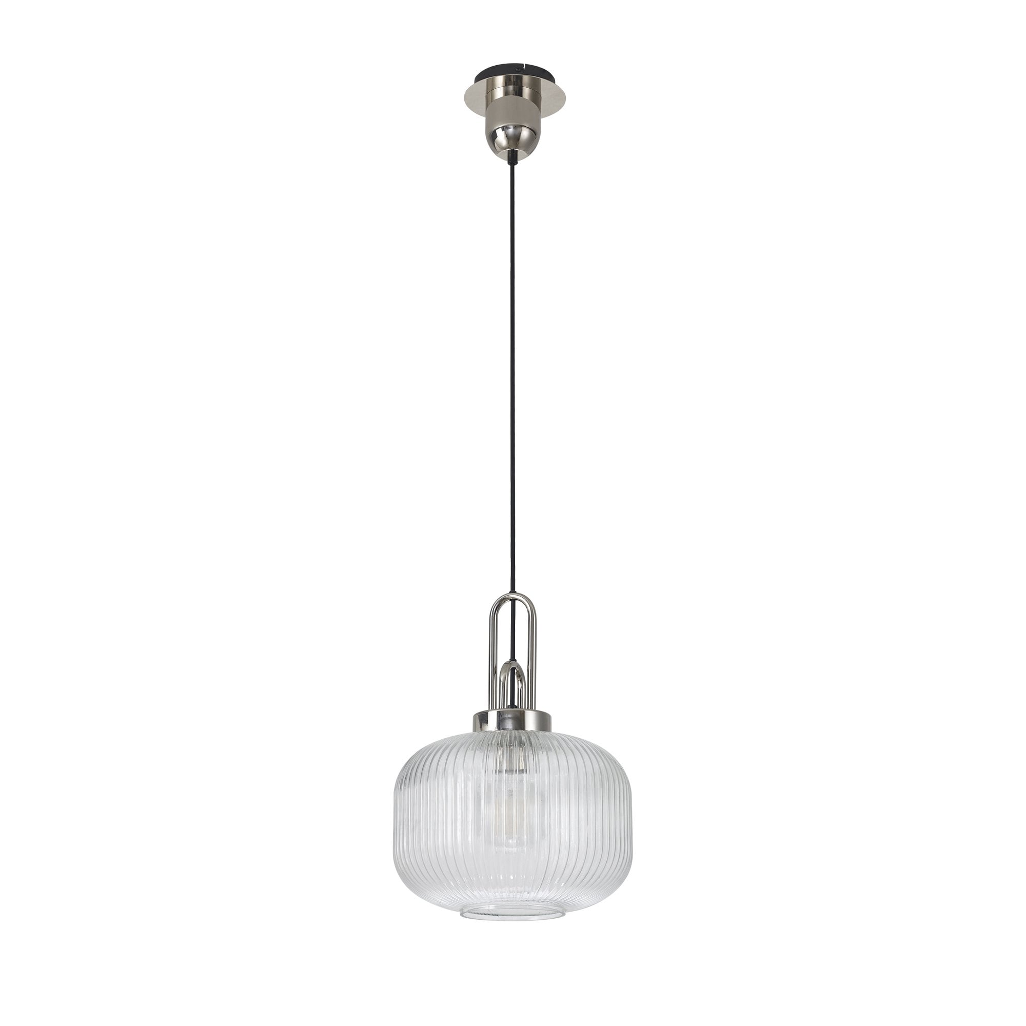 Fabula Springfield Single Pendant - 30cm Pumpkin Shaped Ribbed Glass Shade - Polished Nickel & Clear Glass