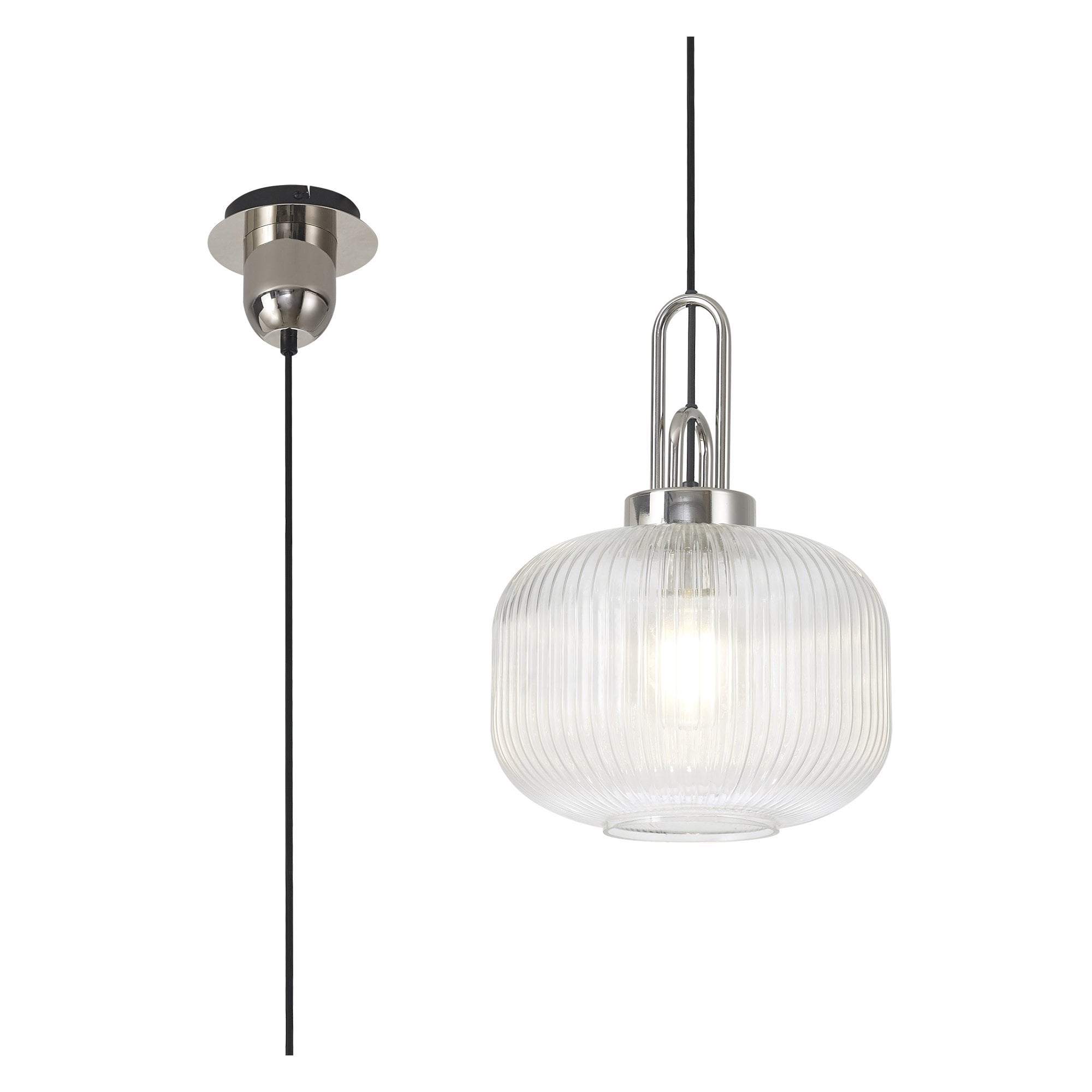 Fabula Springfield Single Pendant - 30cm Pumpkin Shaped Ribbed Glass Shade - Polished Nickel & Clear Glass