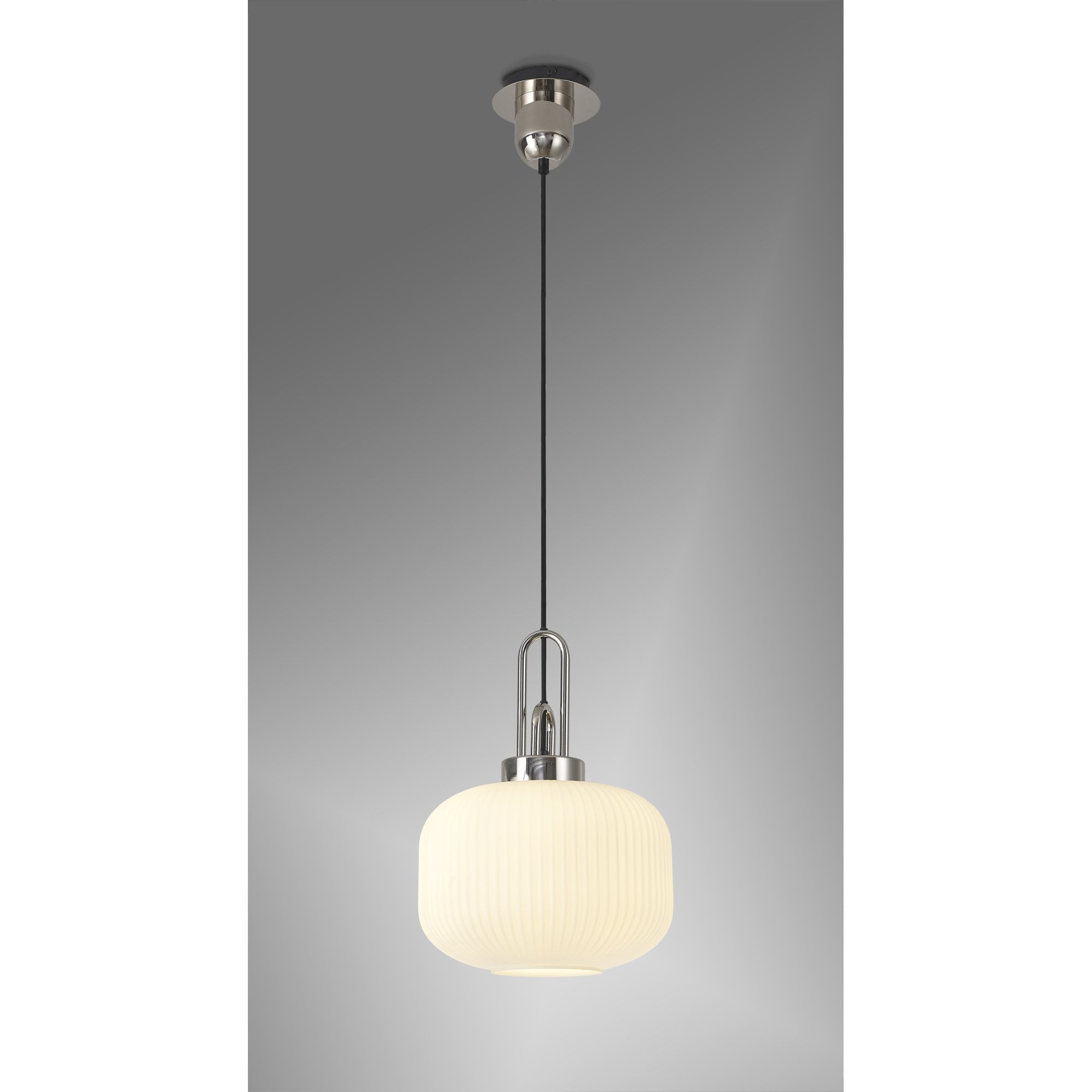 Fabula Springfield Single Pendant - 30cm Pumpkin Shaped Ribbed Glass Shade - Polished Nickel & Opal Glass