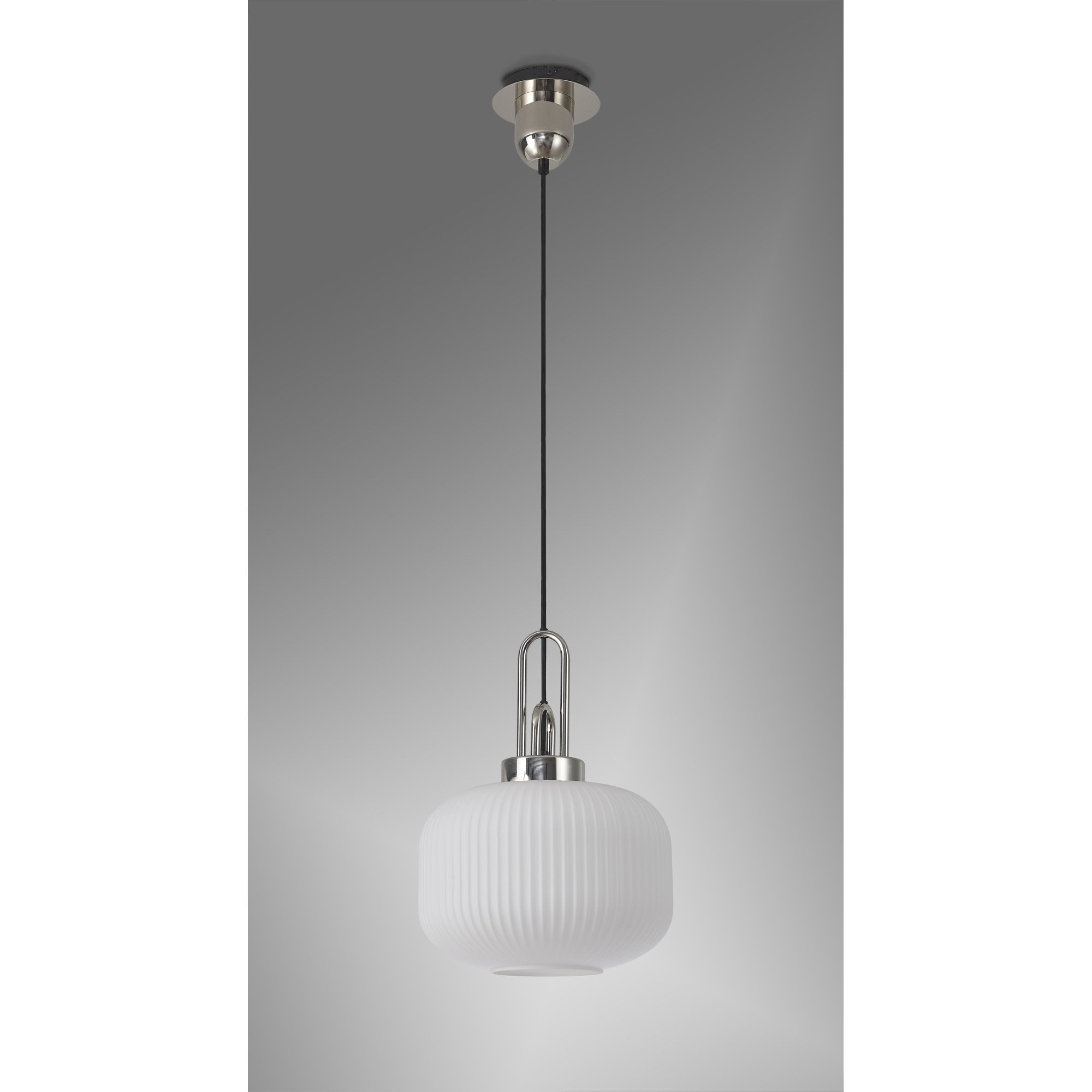 Fabula Springfield Single Pendant - 30cm Pumpkin Shaped Ribbed Glass Shade - Polished Nickel & Opal Glass