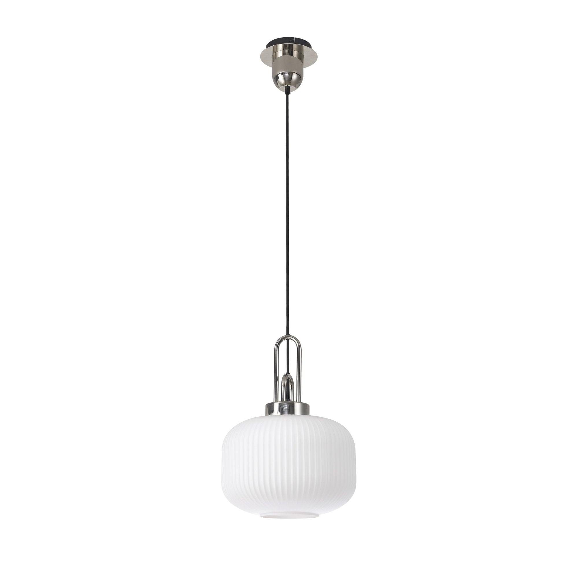 Fabula Springfield Single Pendant - 30cm Pumpkin Shaped Ribbed Glass Shade - Polished Nickel & Opal Glass