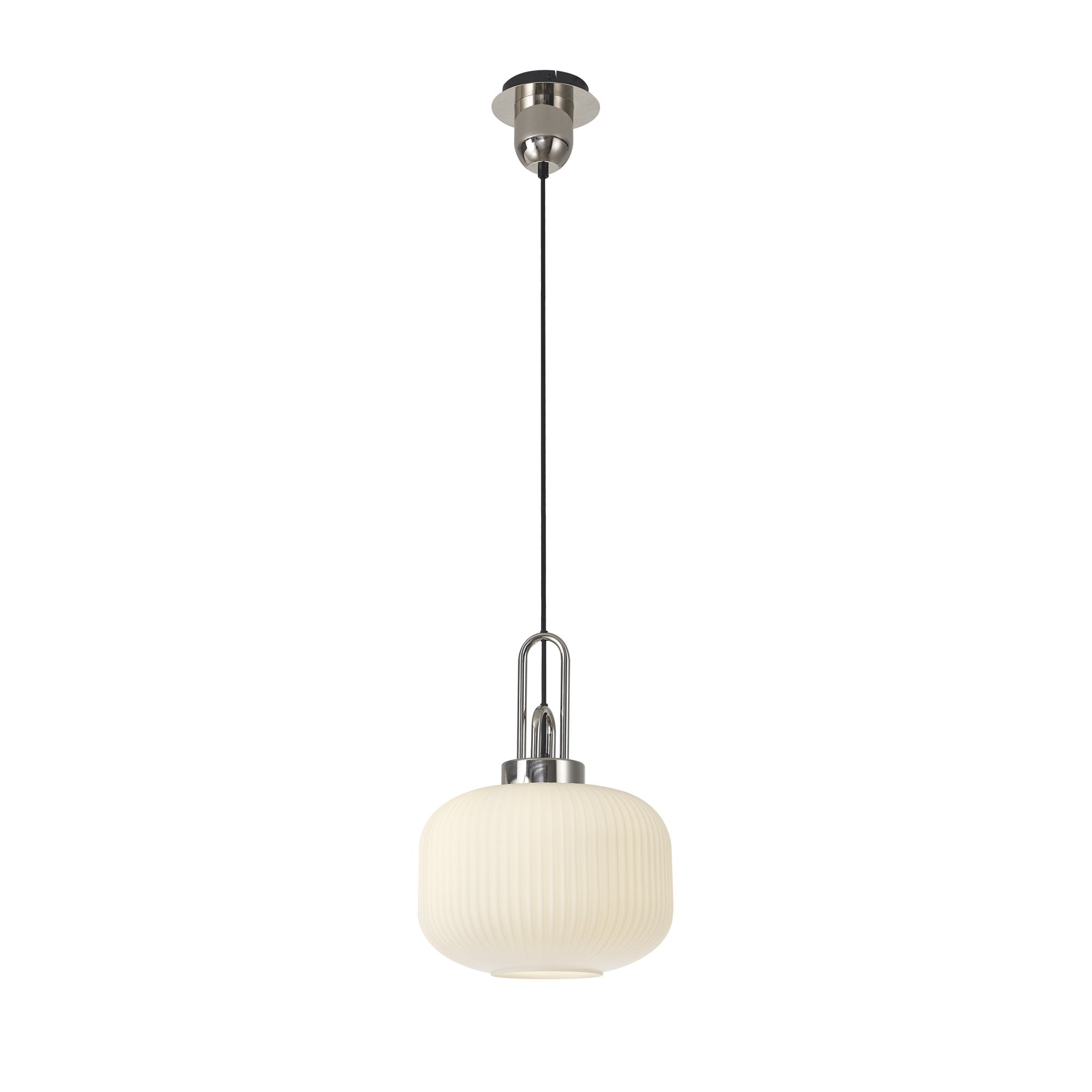 Fabula Springfield Single Pendant - 30cm Pumpkin Shaped Ribbed Glass Shade - Polished Nickel & Opal Glass