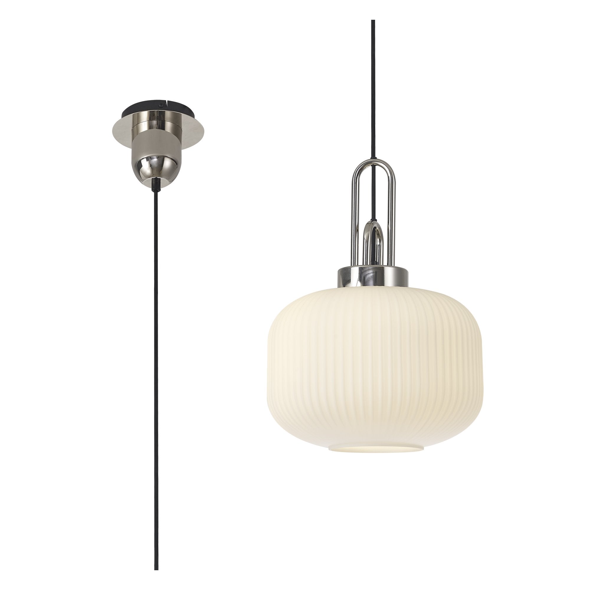 Fabula Springfield Single Pendant - 30cm Pumpkin Shaped Ribbed Glass Shade - Polished Nickel & Opal Glass