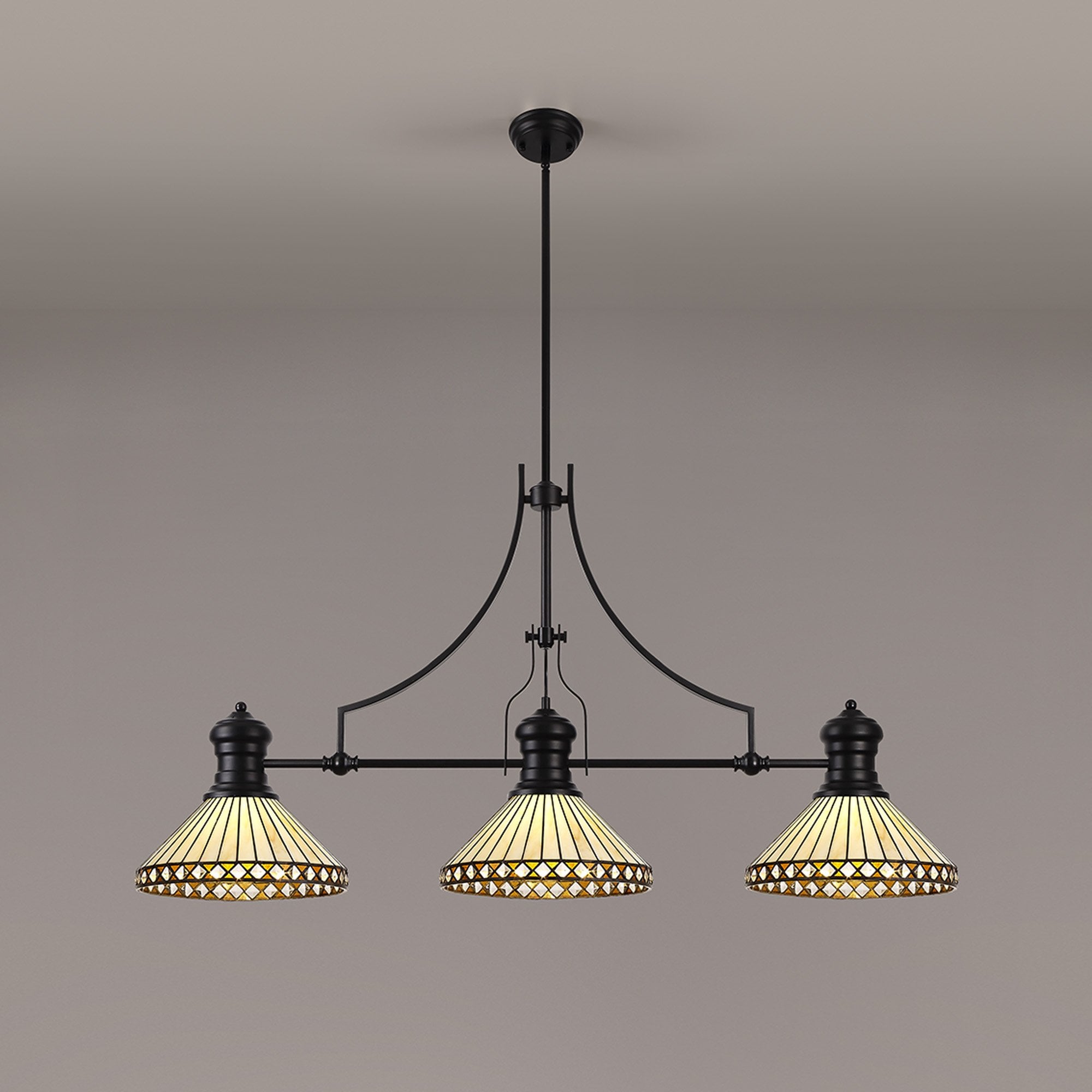 Fabula Westall 3 Light Linear Pendant - 30cm Tiffany Shade - Matt Black, Amber & Cream