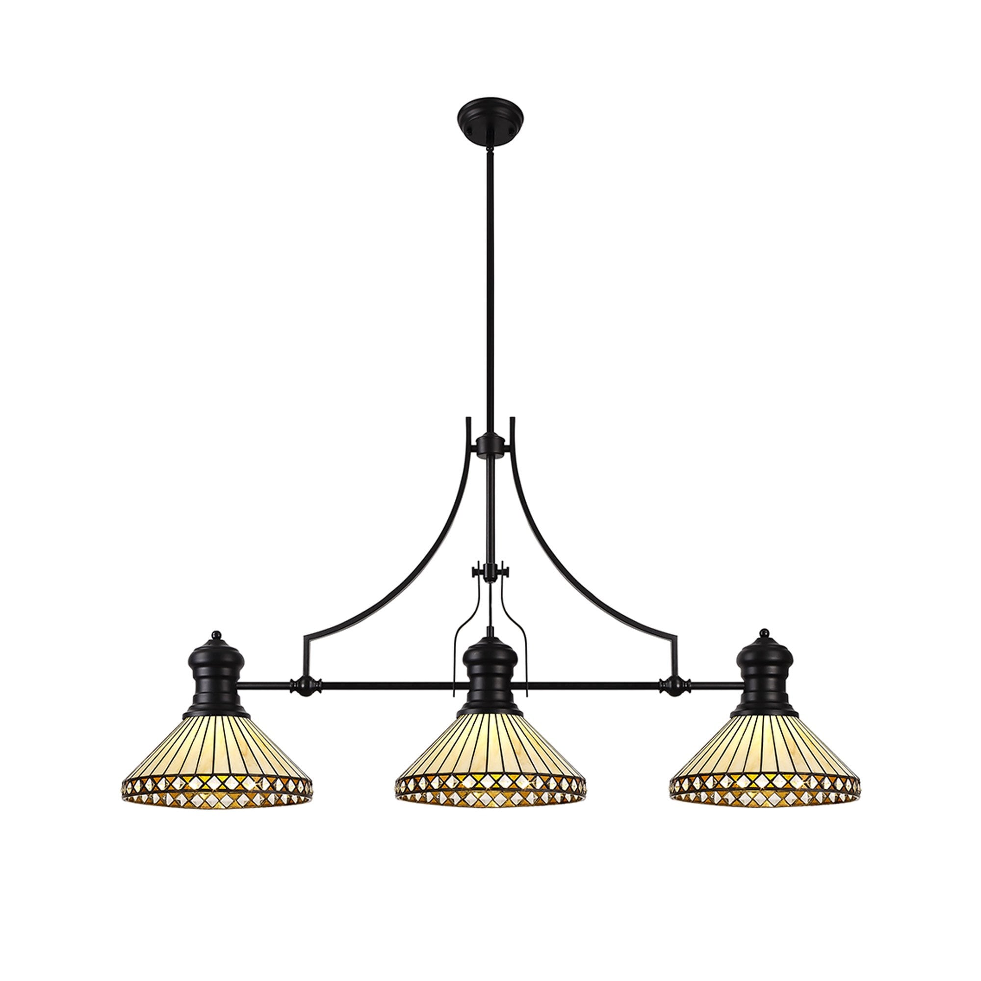 Fabula Westall 3 Light Linear Pendant - 30cm Tiffany Shade - Matt Black, Amber & Cream