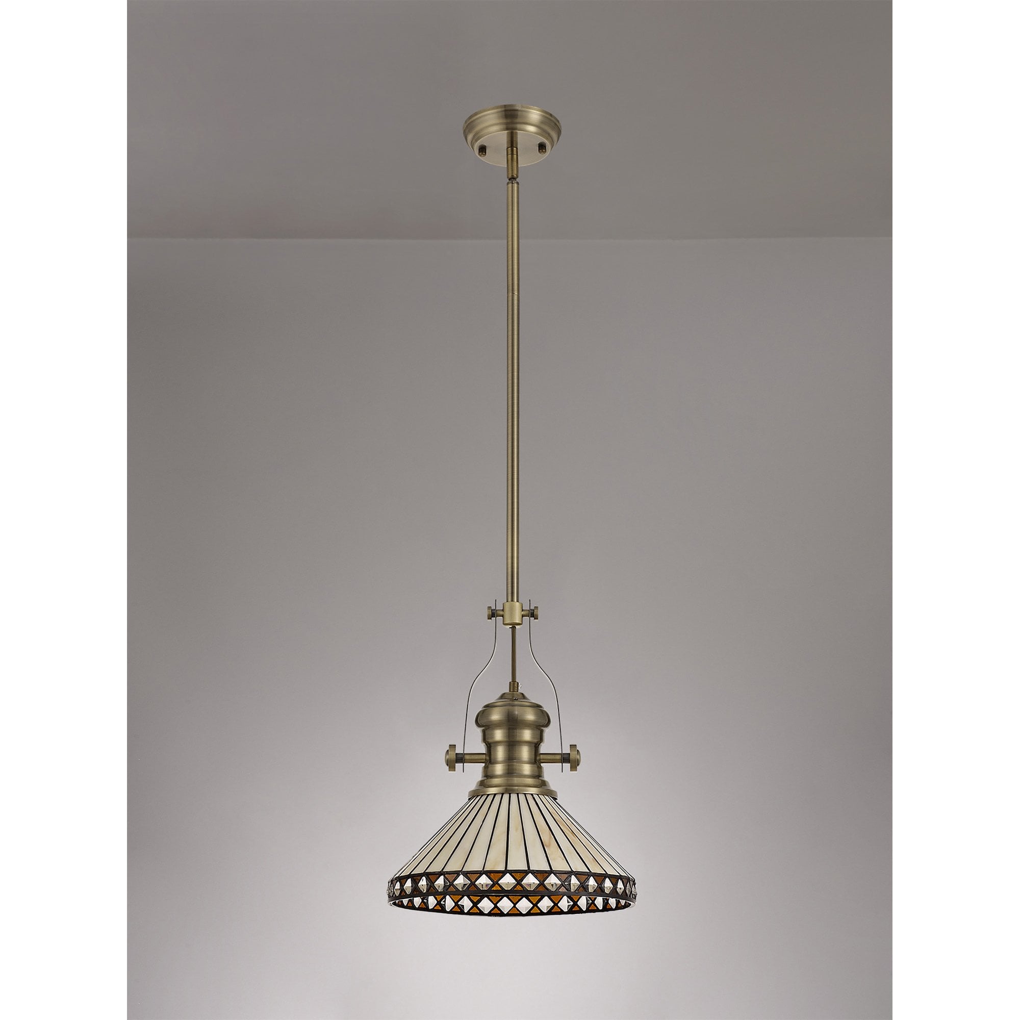 Fabula Westall Single Pendant - 30cm Tiffany Shade - Antique Brass, Amber & Cream