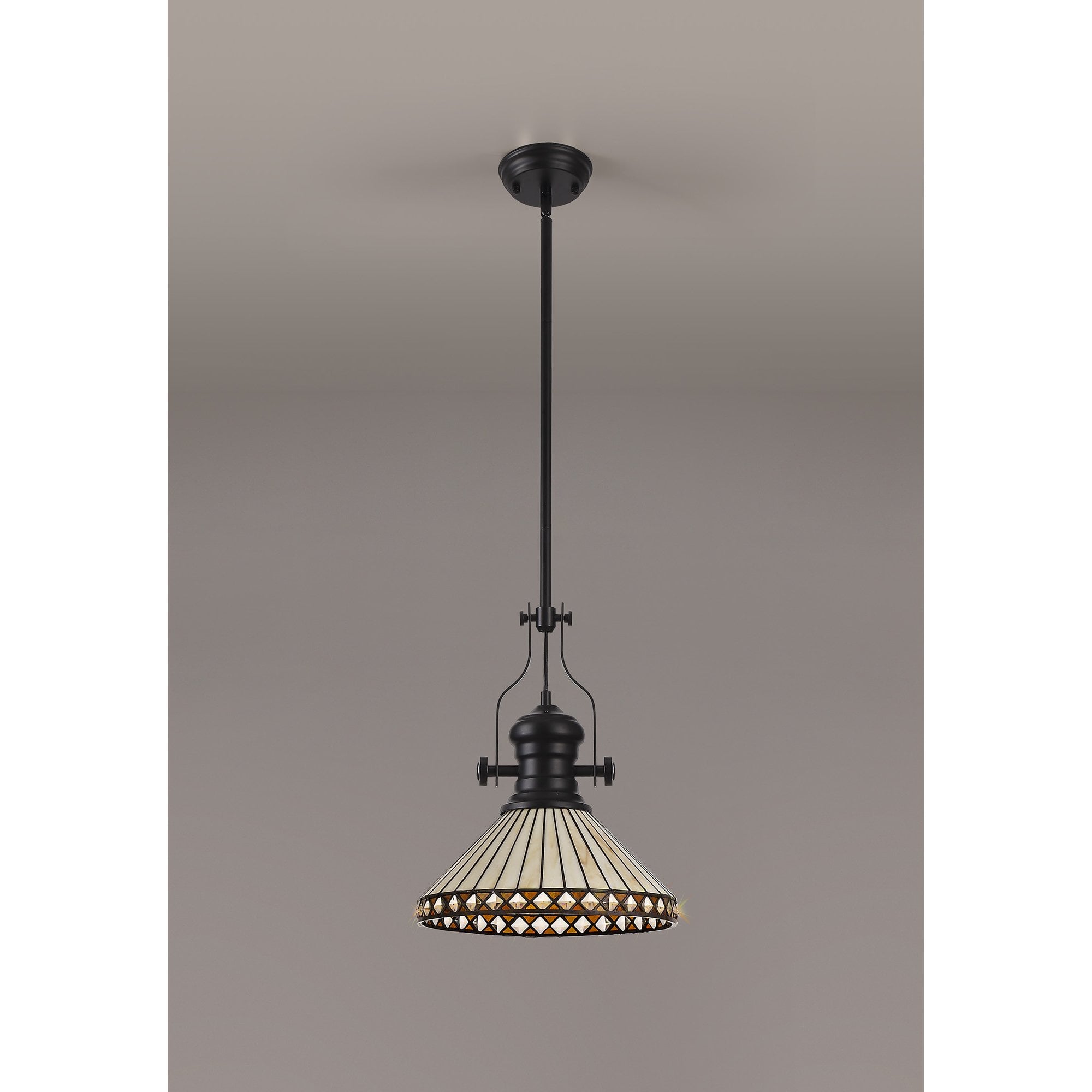 Fabula Westall Single Pendant - 30cm Tiffany Shade - Matt Black, Amber & Cream