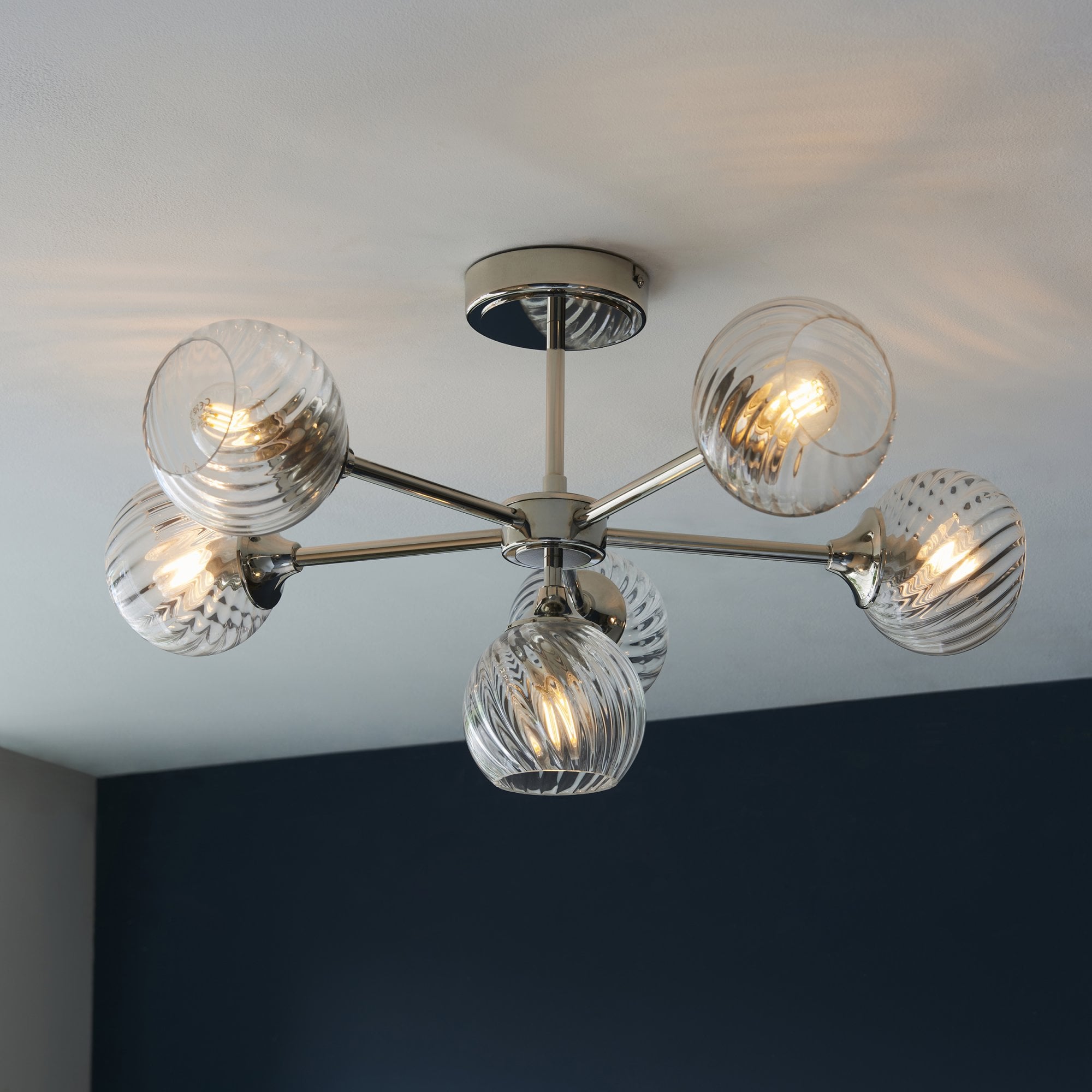 Endon Allegra 6 Light Semi-Flush Fitting - Bright Nickel Plate & Clear Spiral Glass