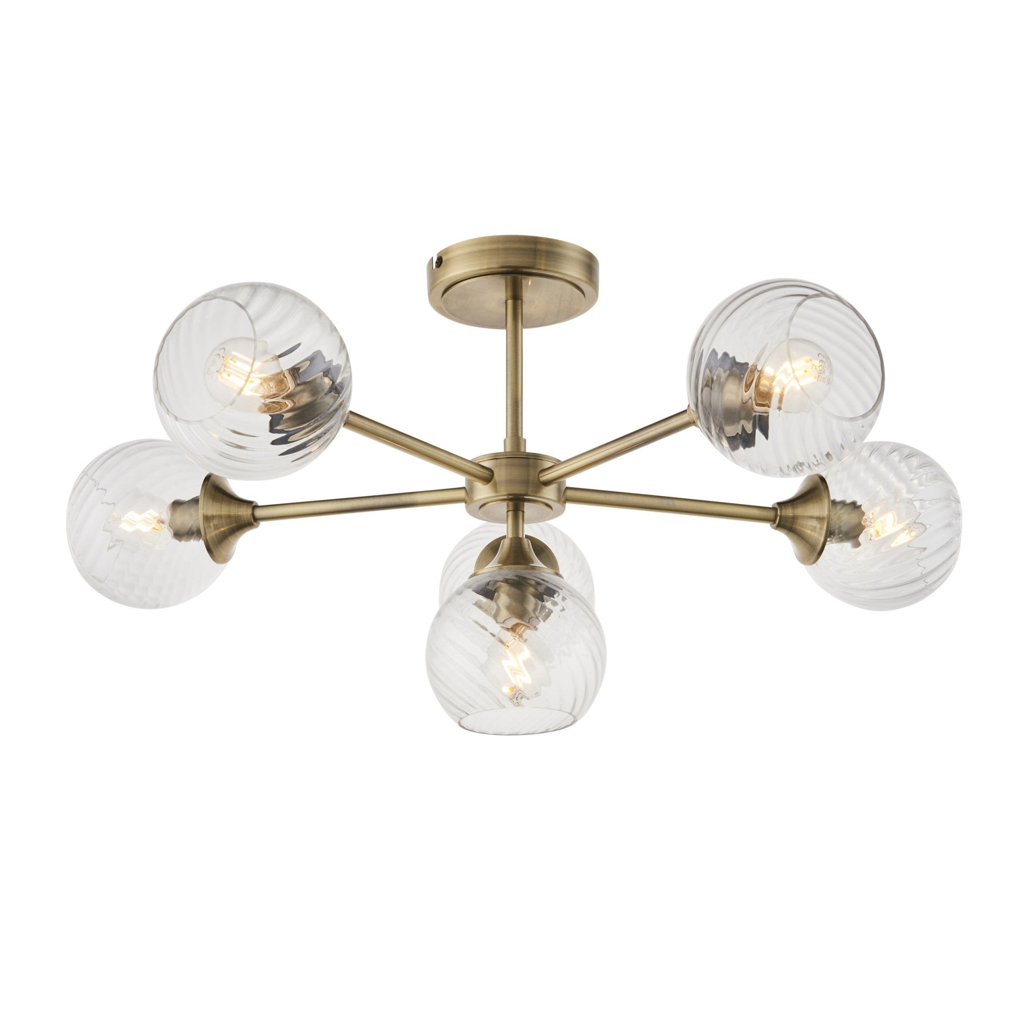Endon Allegra 6 Light Semi-Flush Fitting - Antique Brass Plate & Clear Spiral Glass
