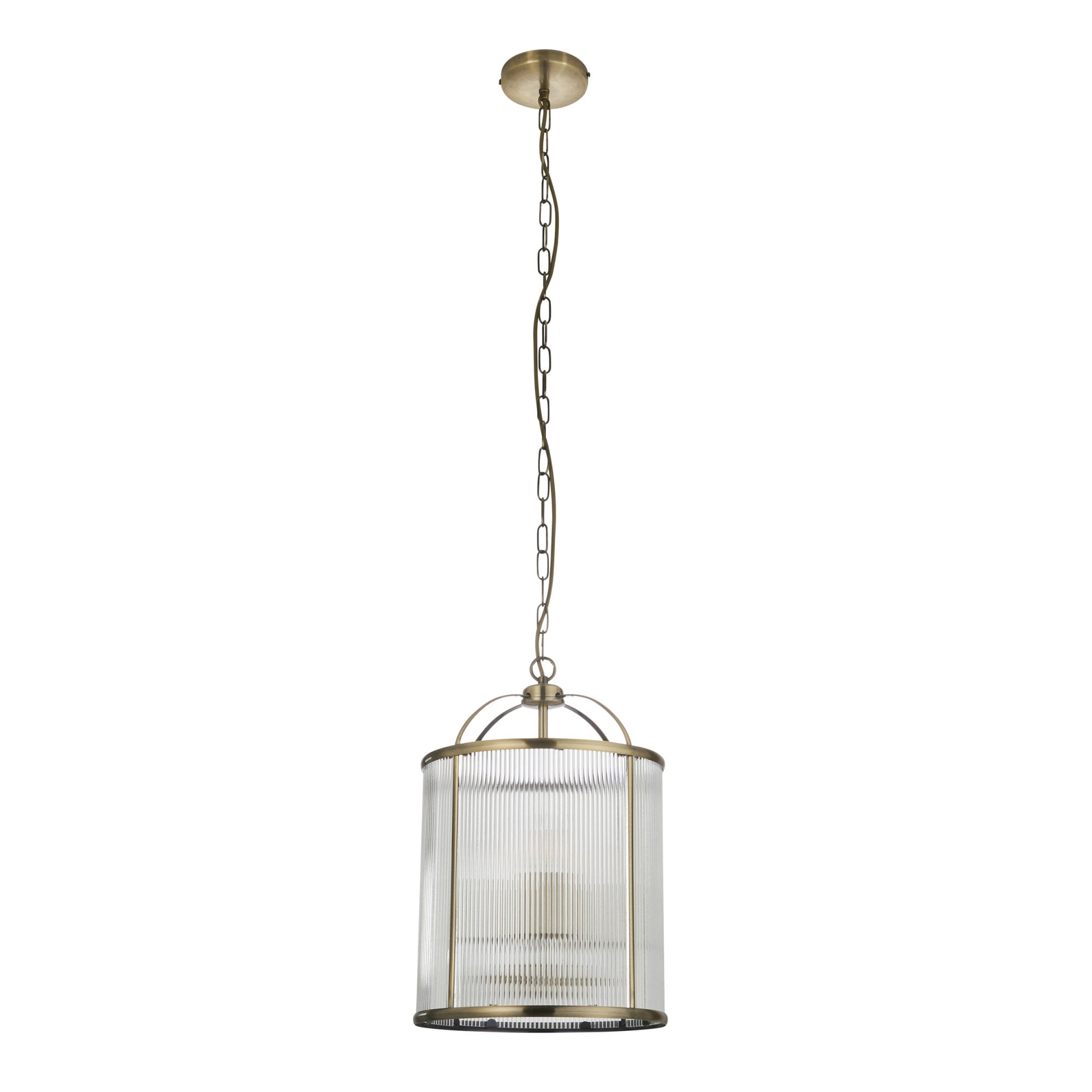 Endon Lambeth Ribbed 4 Light Pendant - Antique Brass Plate & Clear Ribbed Glass