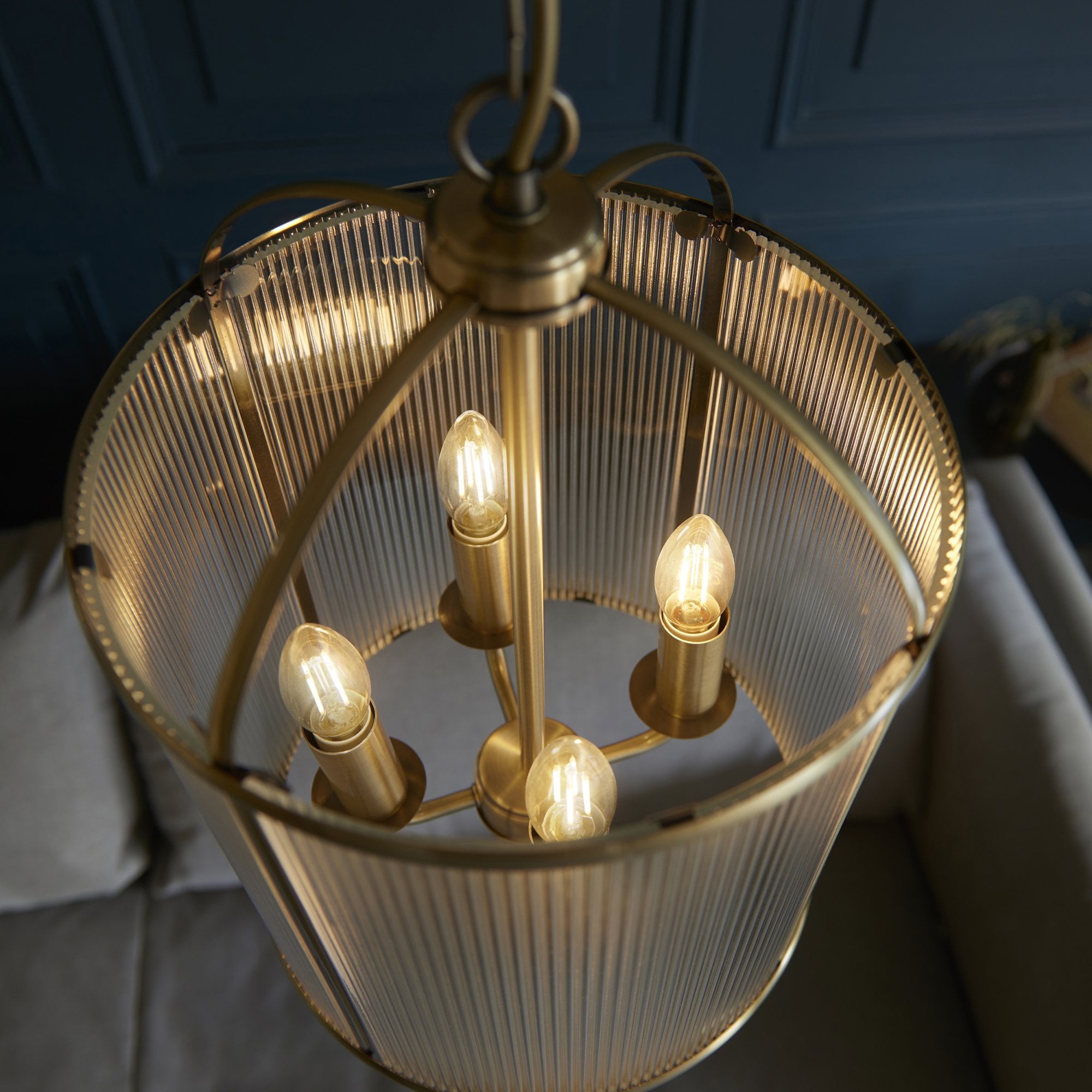 Endon Lambeth Ribbed 4 Light Pendant - Antique Brass Plate & Clear Ribbed Glass