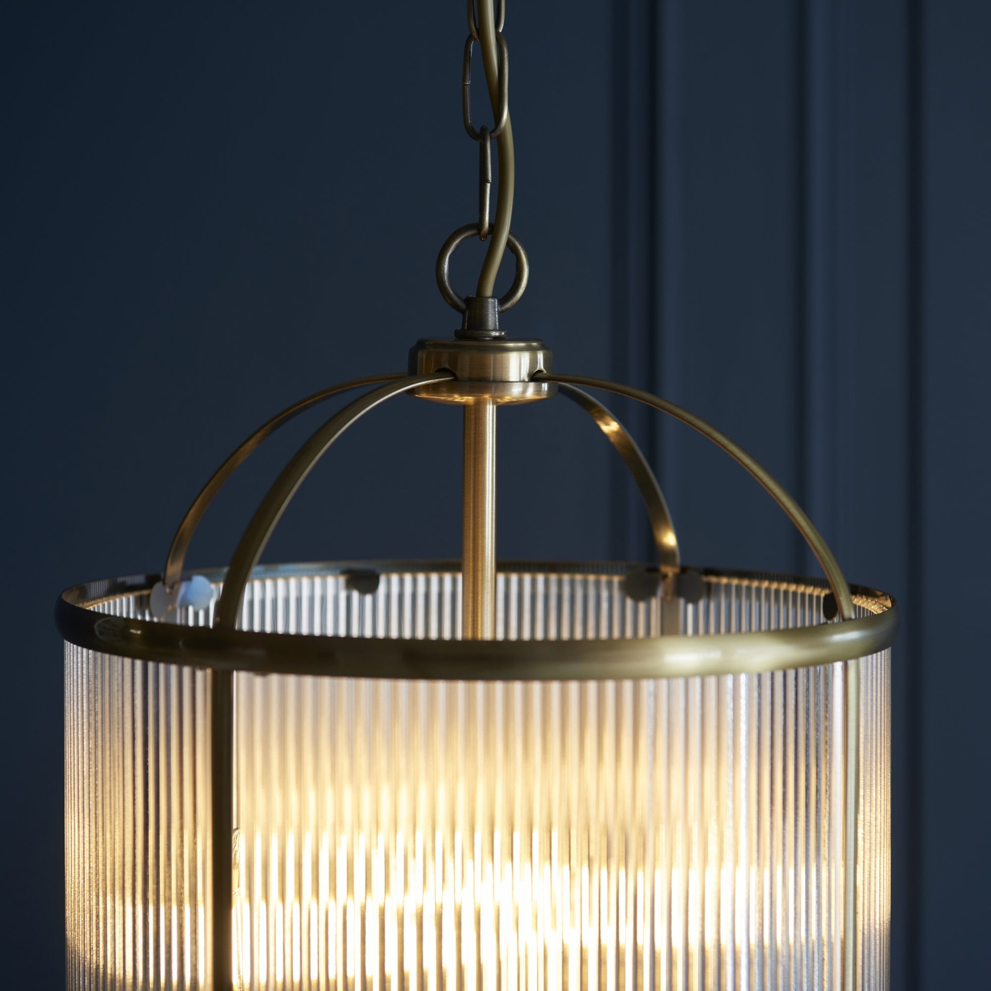 Endon Lambeth Ribbed 4 Light Pendant - Antique Brass Plate & Clear Ribbed Glass