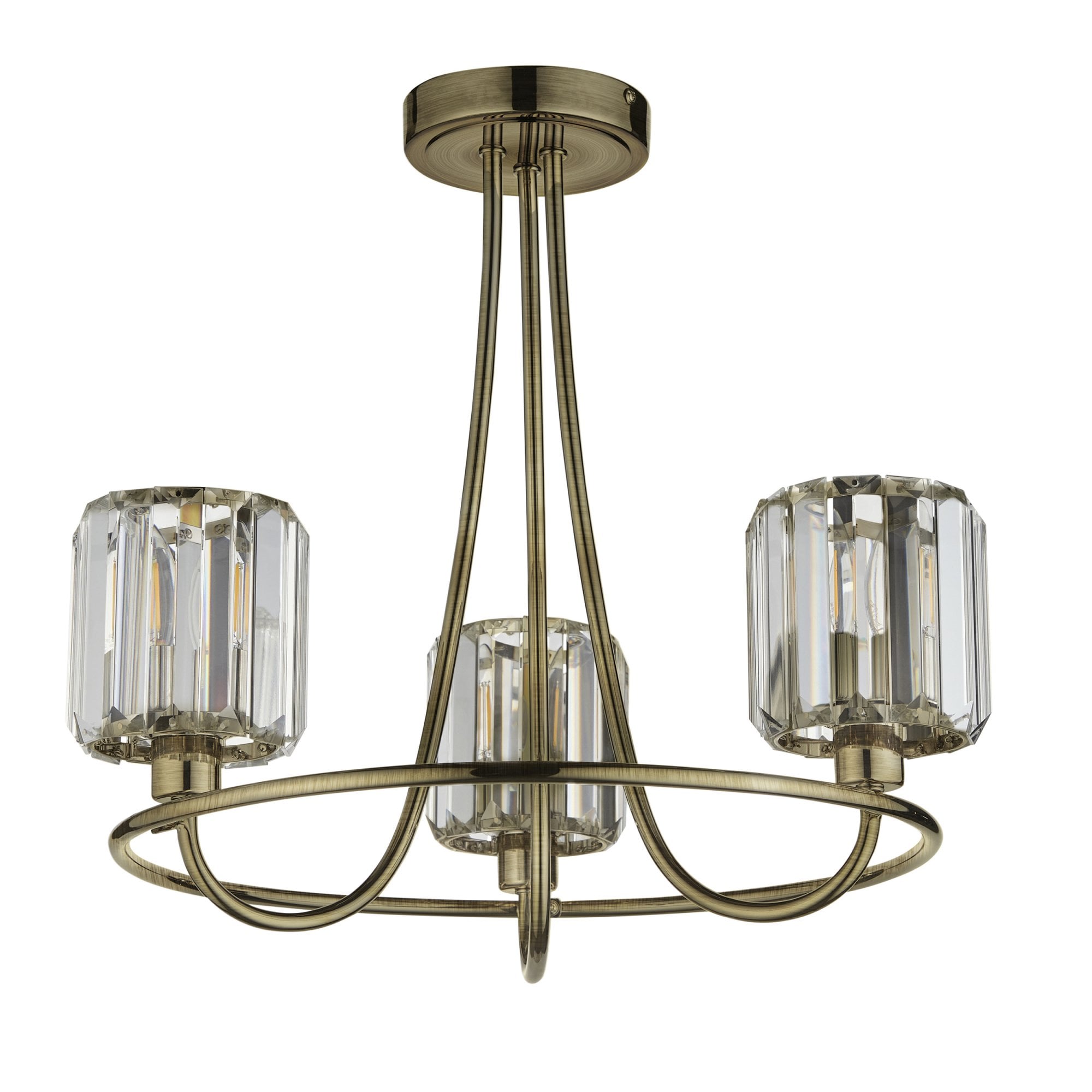 Endon Berenice 3 Light Semi-Flush Fitting - Antique Brass Plate & Clear Glass