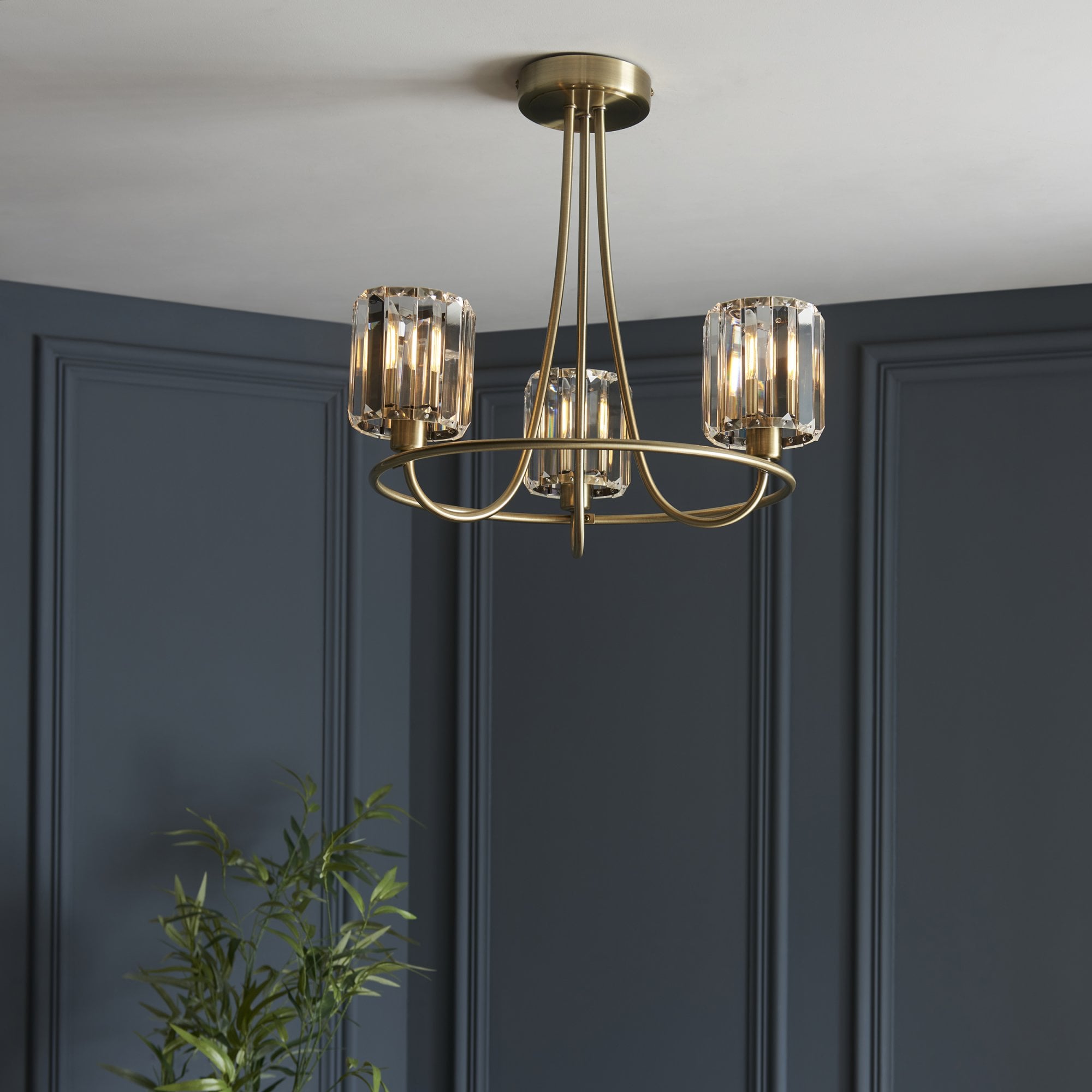 Endon Berenice 3 Light Semi-Flush Fitting - Antique Brass Plate & Clear Glass