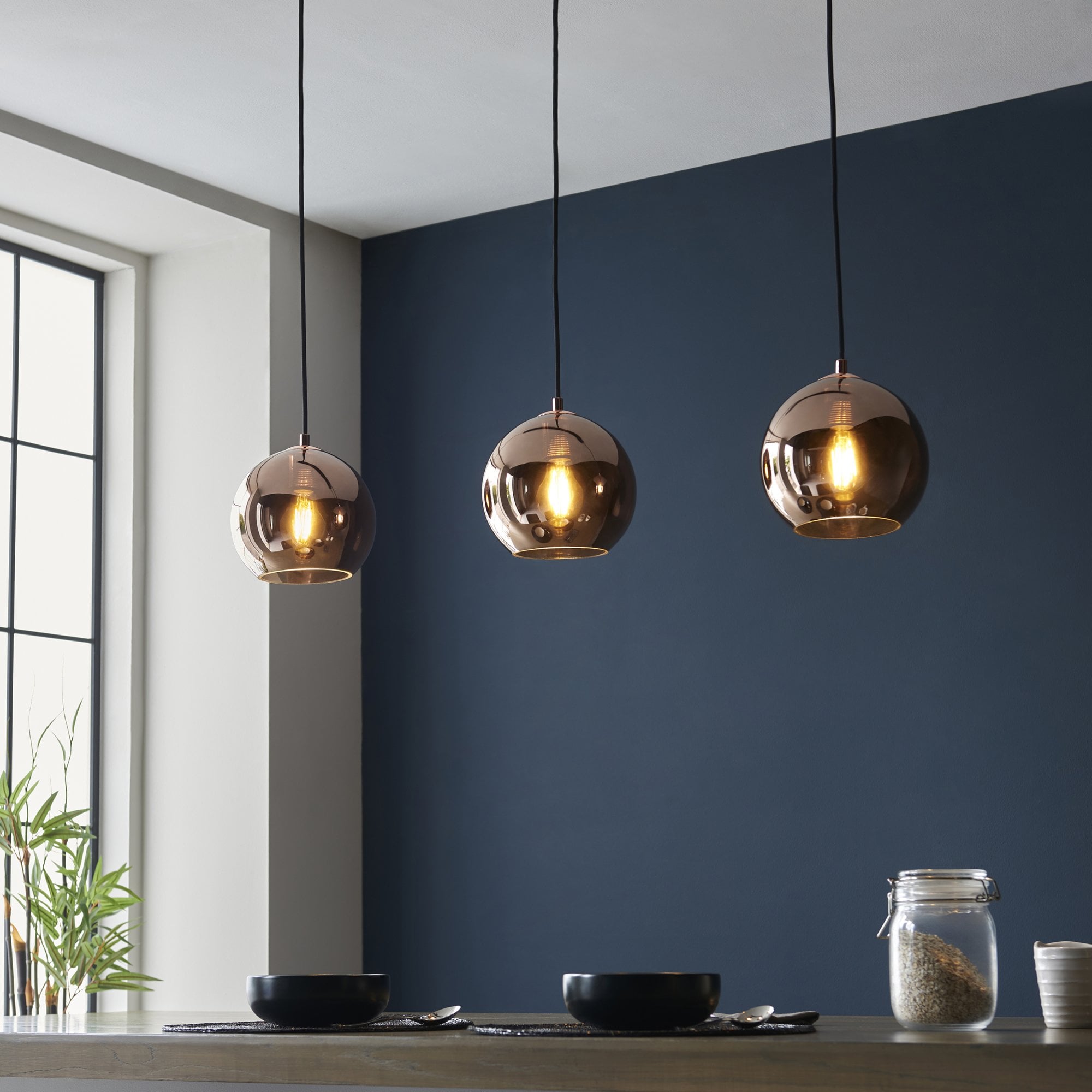 Endon Boli 3 Light Pendant - Copper Mirrored Glass & Matt Black Paint