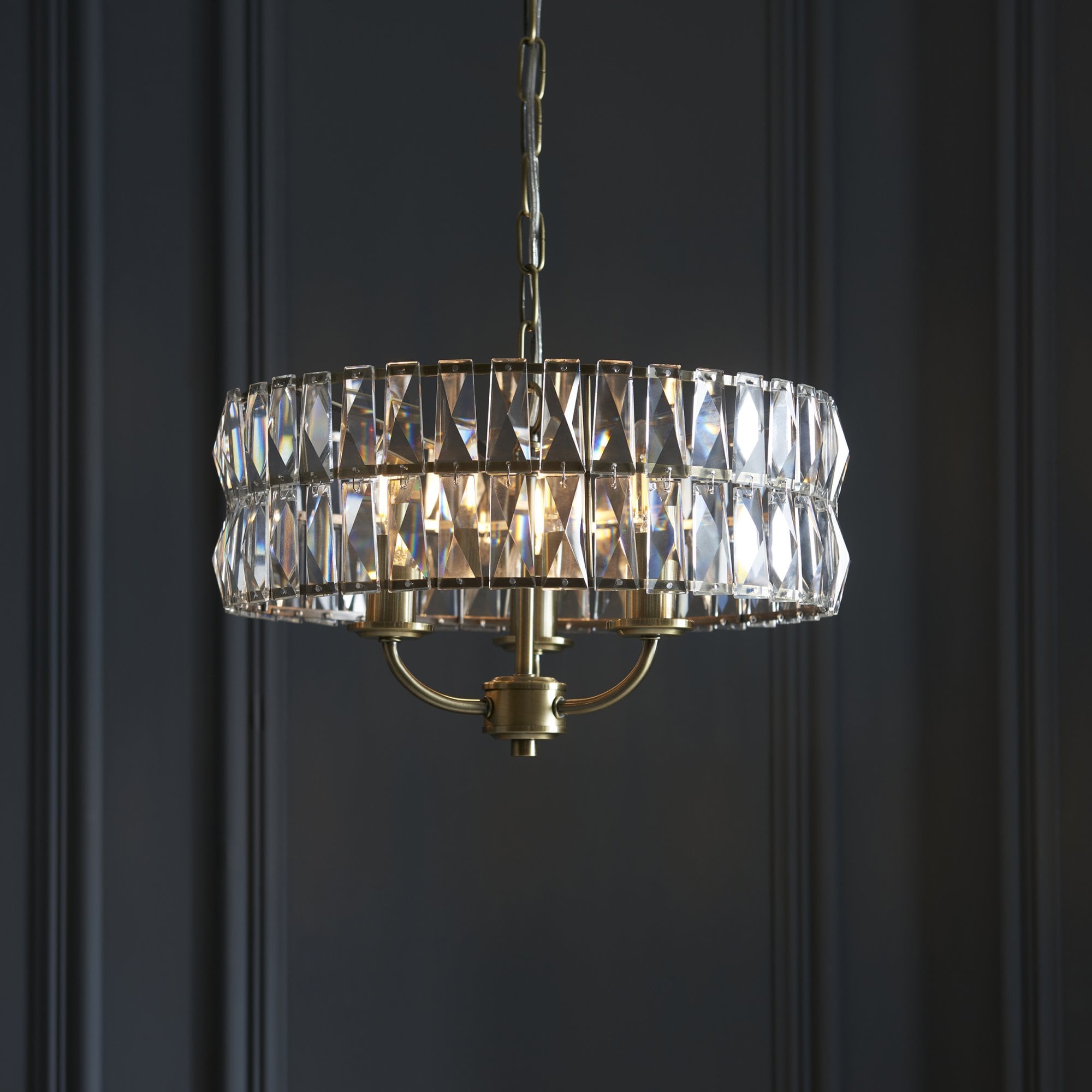 Endon Clifton 3 Light Pendant - Antique Brass Plate & Clear Crystal Glass