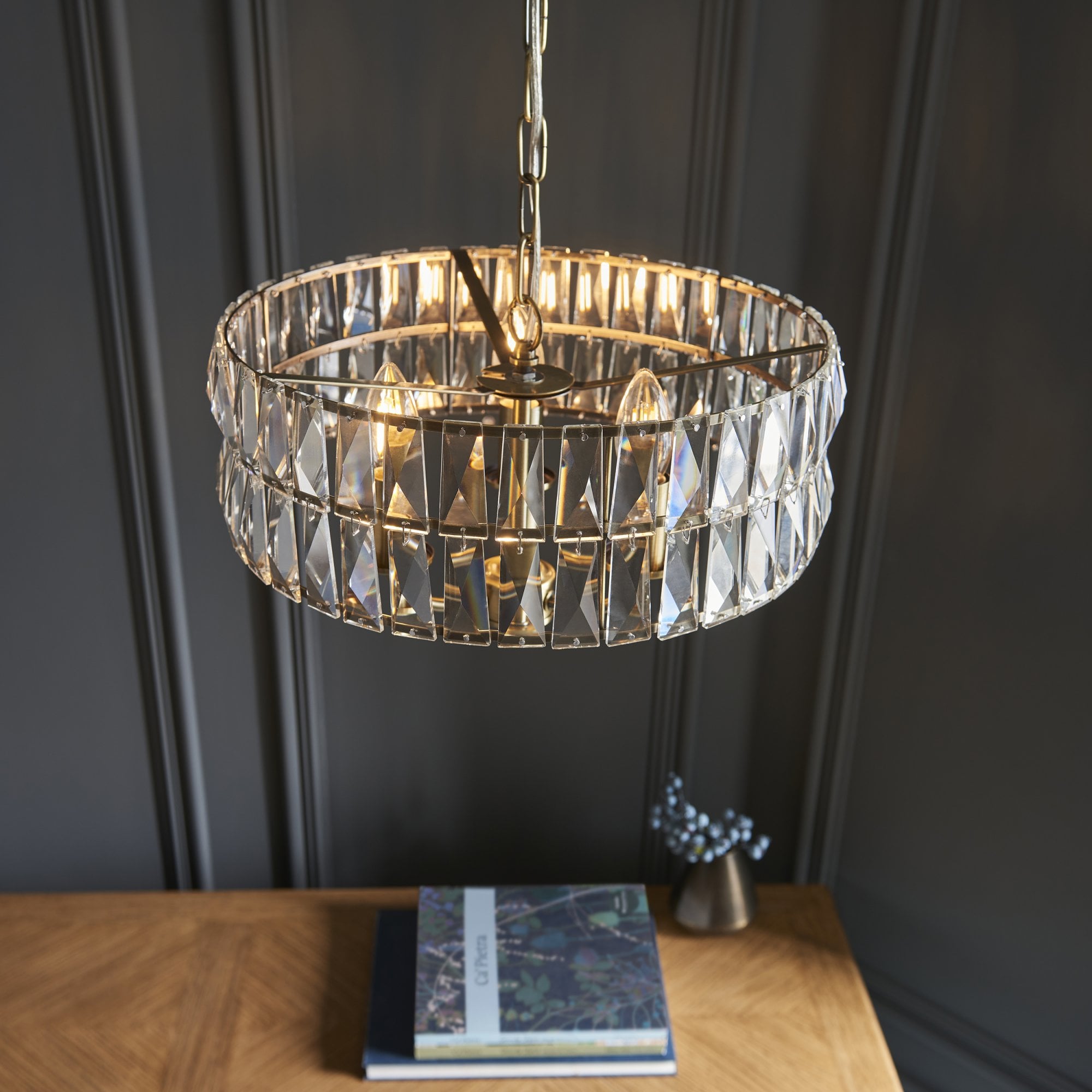 Endon Clifton 3 Light Pendant - Antique Brass Plate & Clear Crystal Glass