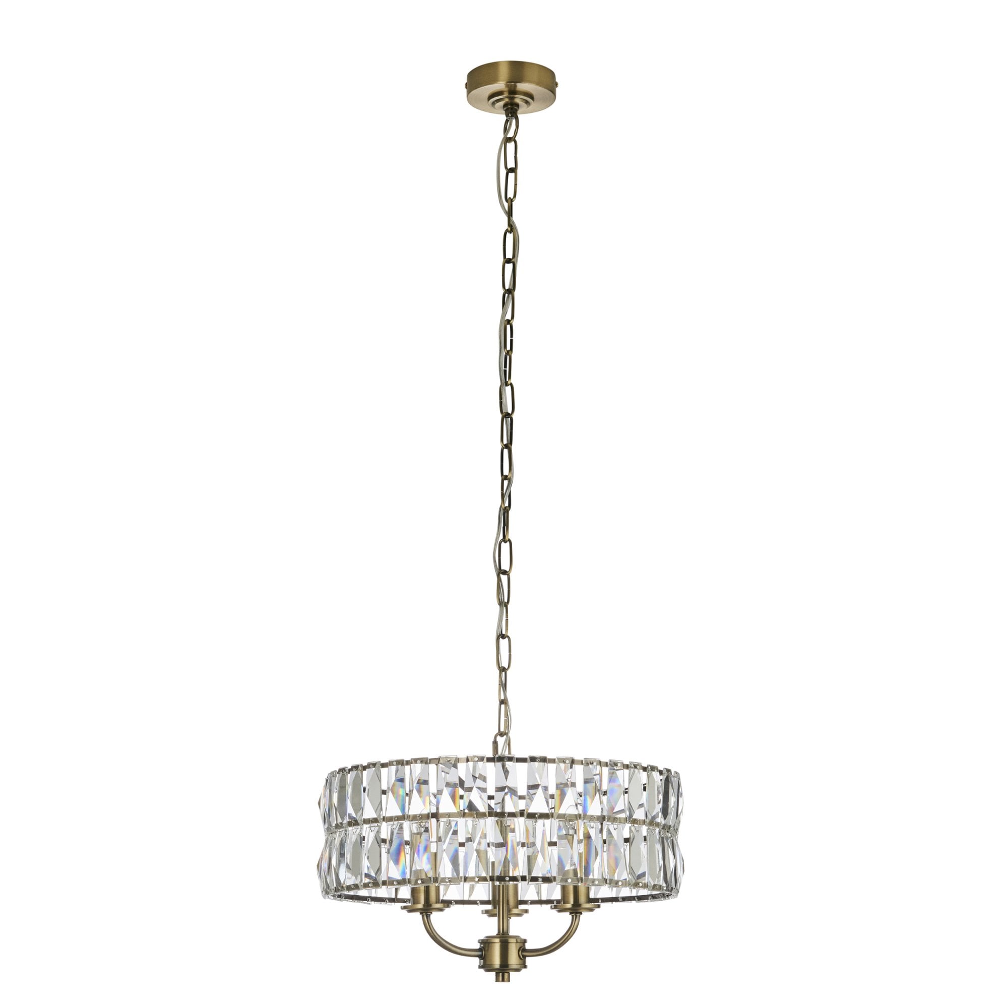 Endon Clifton 3 Light Pendant - Antique Brass Plate & Clear Crystal Glass